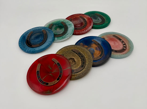 Handcrafted Equestrian Resin Coasters with Antique Brass Horseshoe Inlay
