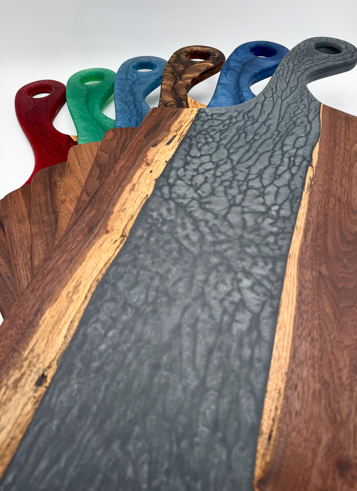 Handcrafted Walnut and Live Edge Epoxy River Serving Board with Paddle Handle