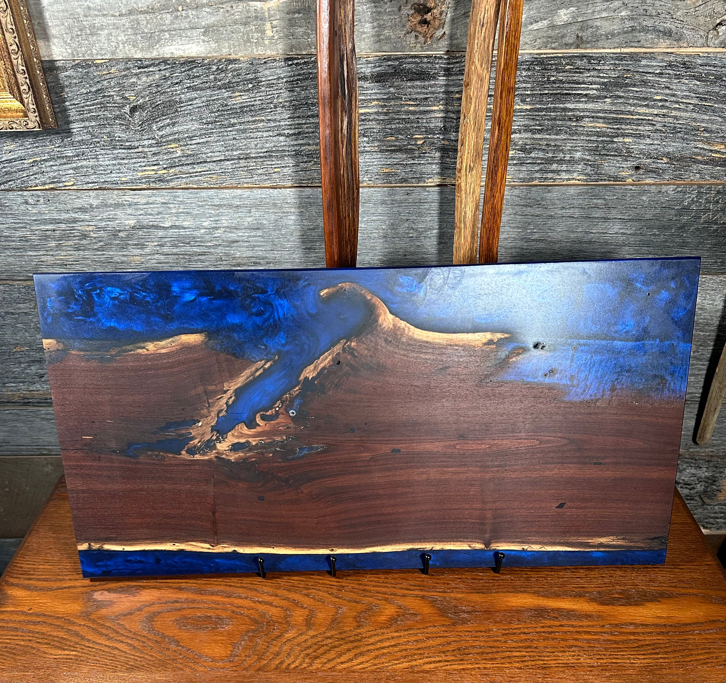 Handcrafted Black Walnut Charcuterie Board with Black and Blue Resin both sides with Feet