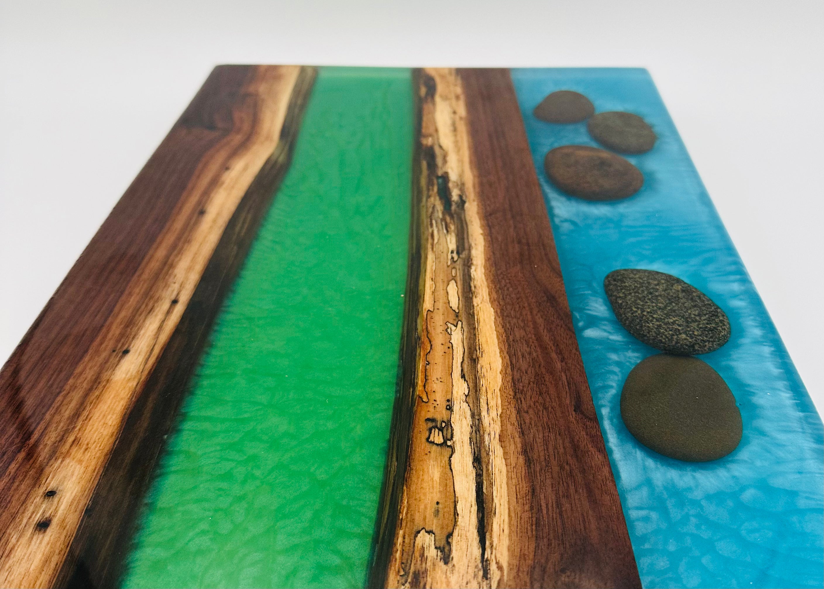 Handcrafted Black Walnut Charcuterie Board with Green and Blue Inlaid with Stones