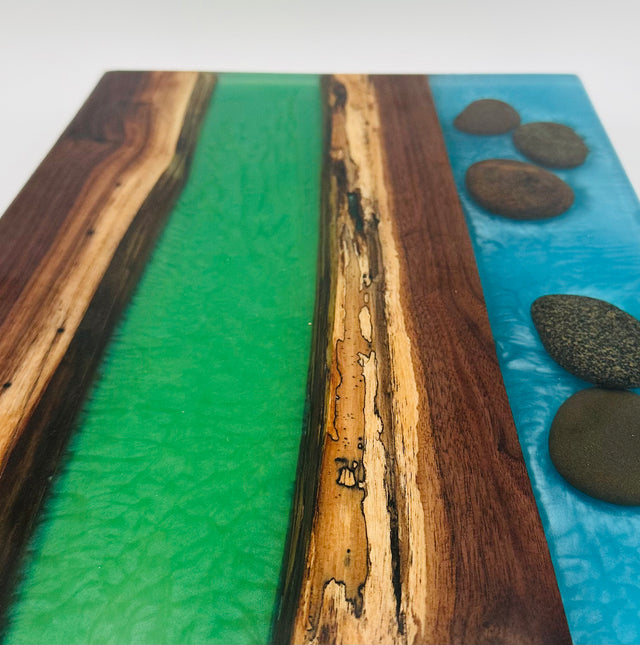 Handcrafted Black Walnut Charcuterie Board with Green and Blue Inlaid with Stones