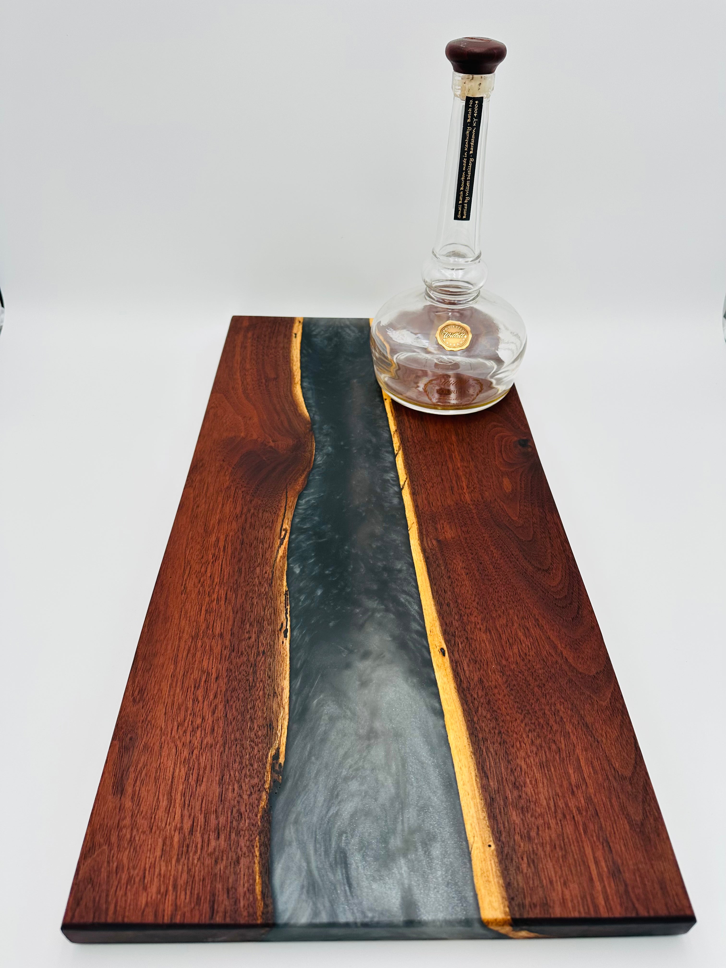 Handcrafted Black Walnut Charcuterie Board with Black and Silver Resin Center with Feet