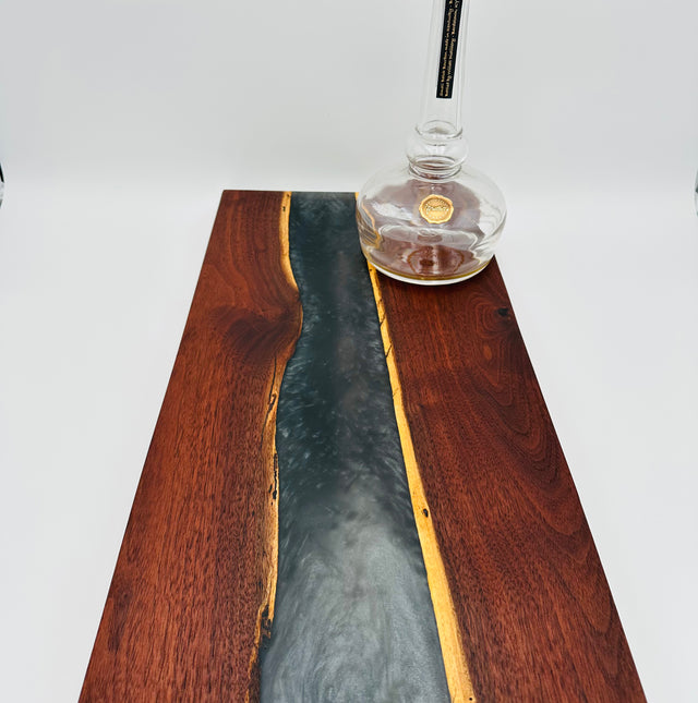 Handcrafted Black Walnut Charcuterie Board with Black and Silver Resin Center