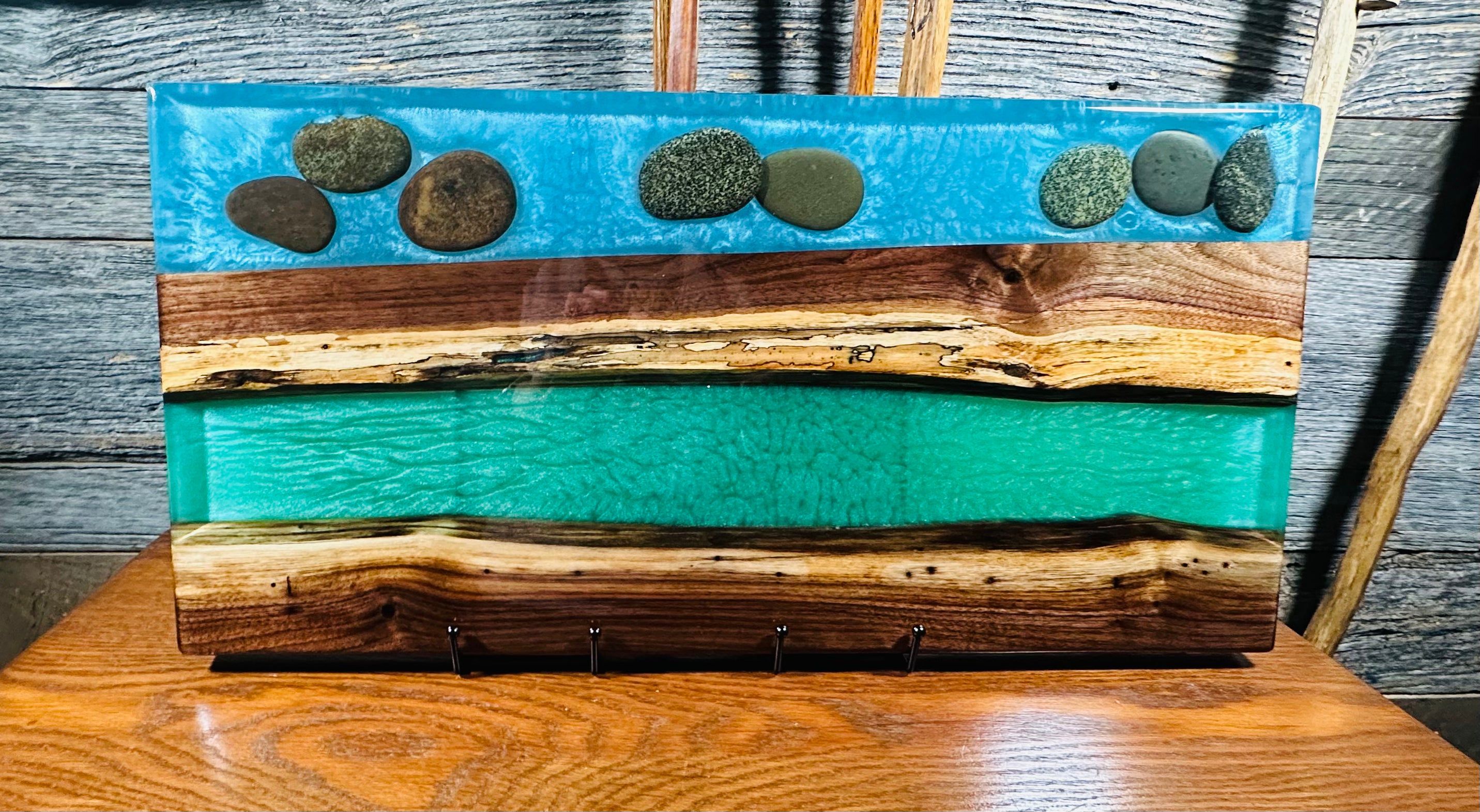 Handcrafted Black Walnut Charcuterie Board with Green and Blue Inlaid with Stones