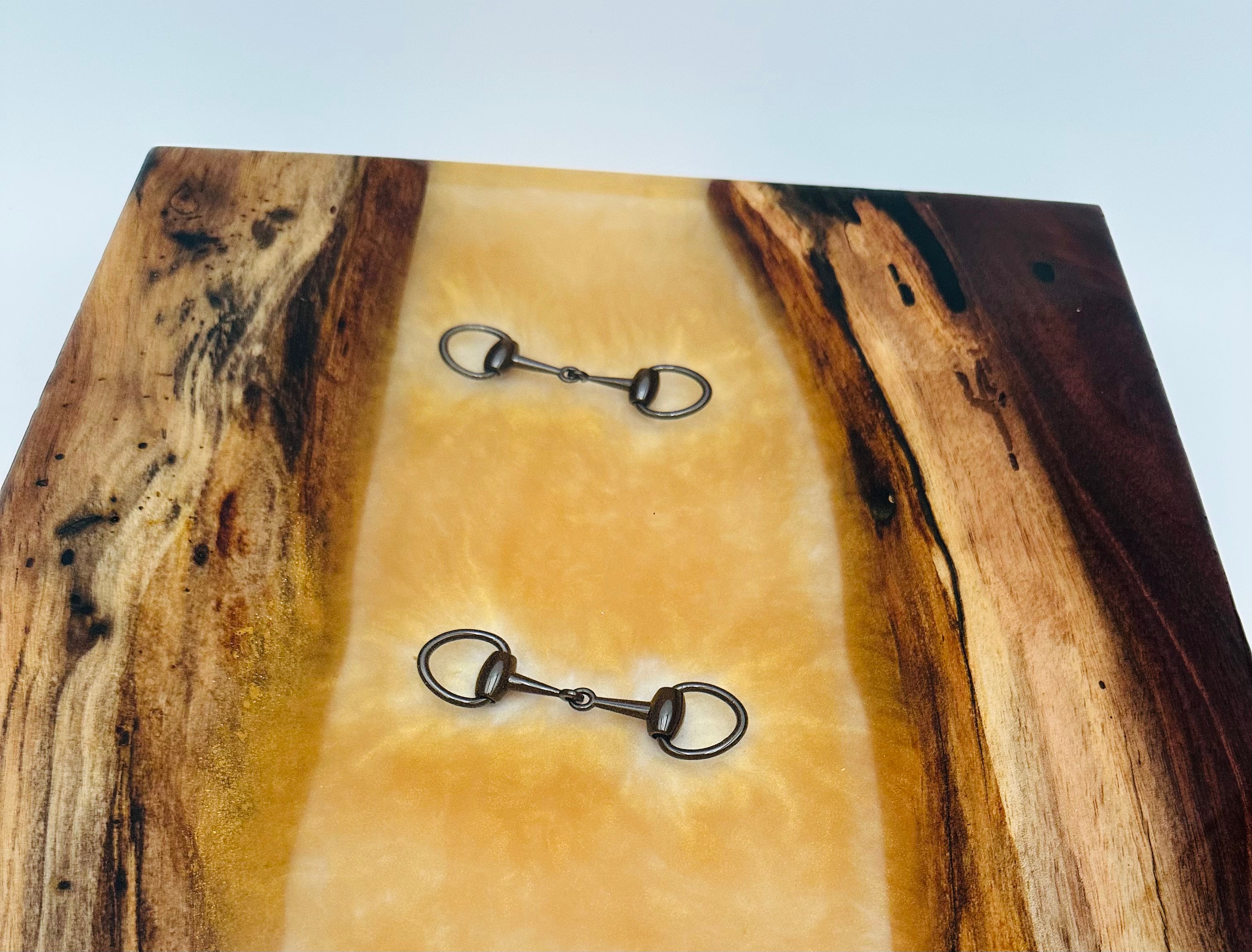 Black Walnut Charcuterie Board with Clear and Gold Colored Resin, Inlaid  Black Bridle Bit