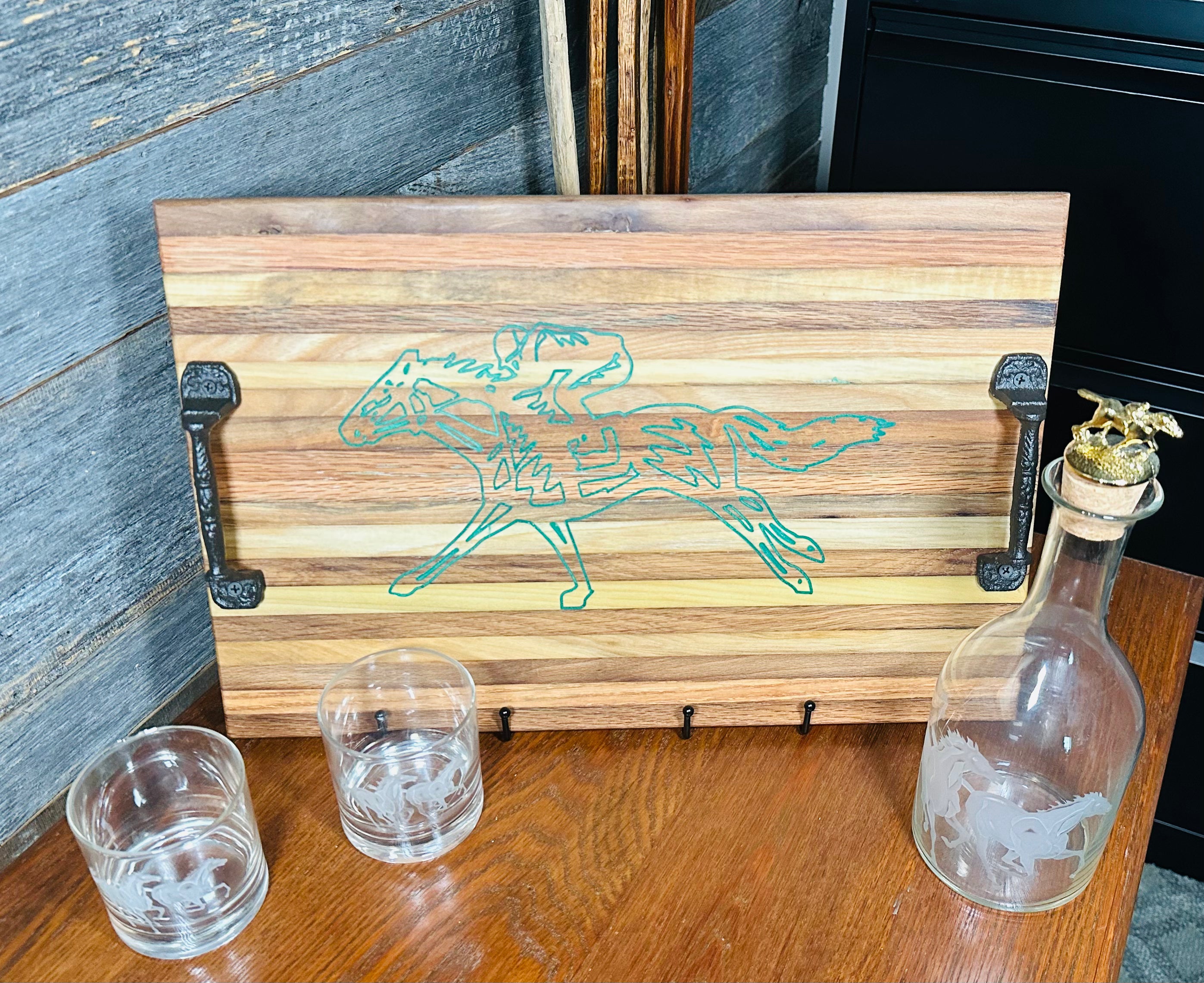 Handcrafted Tobacco Stick Tray with Inlaid Racehorse and Jockey Design