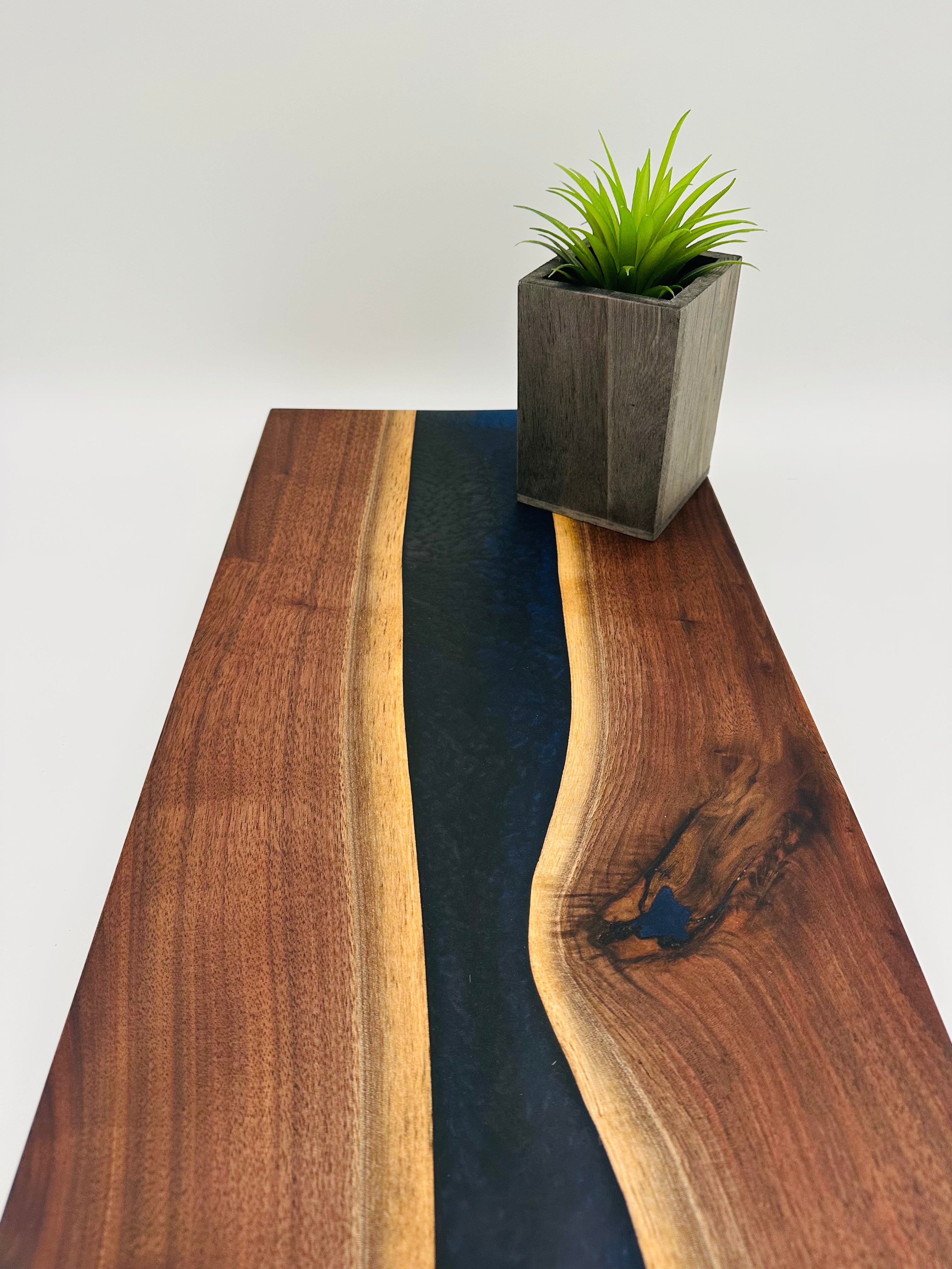 Handcrafted Black Walnut Charcuterie Board with Dark Blue Resin Center with Feet
