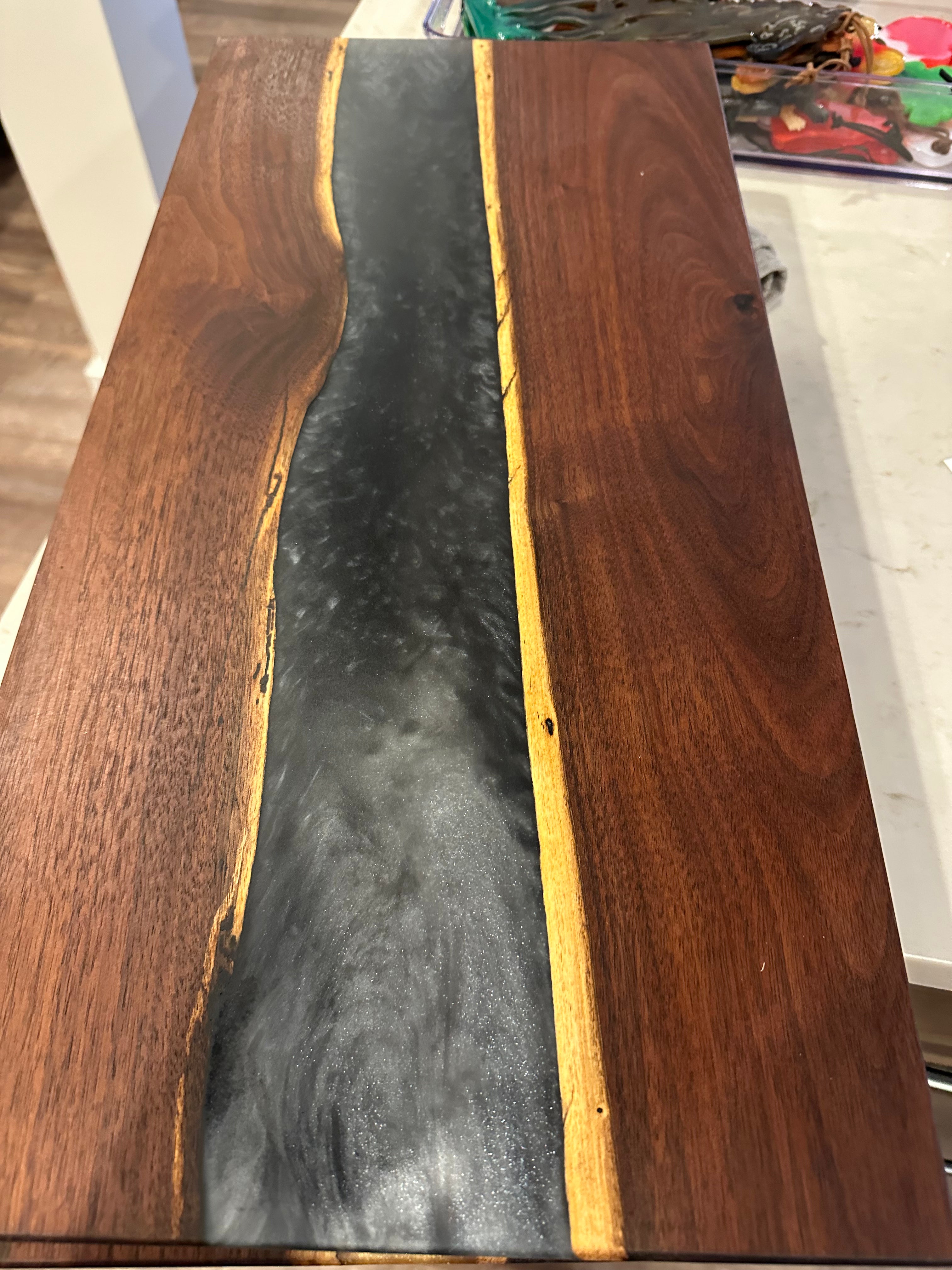 Handcrafted Black Walnut Charcuterie Board with Black and Silver Resin Center with Feet