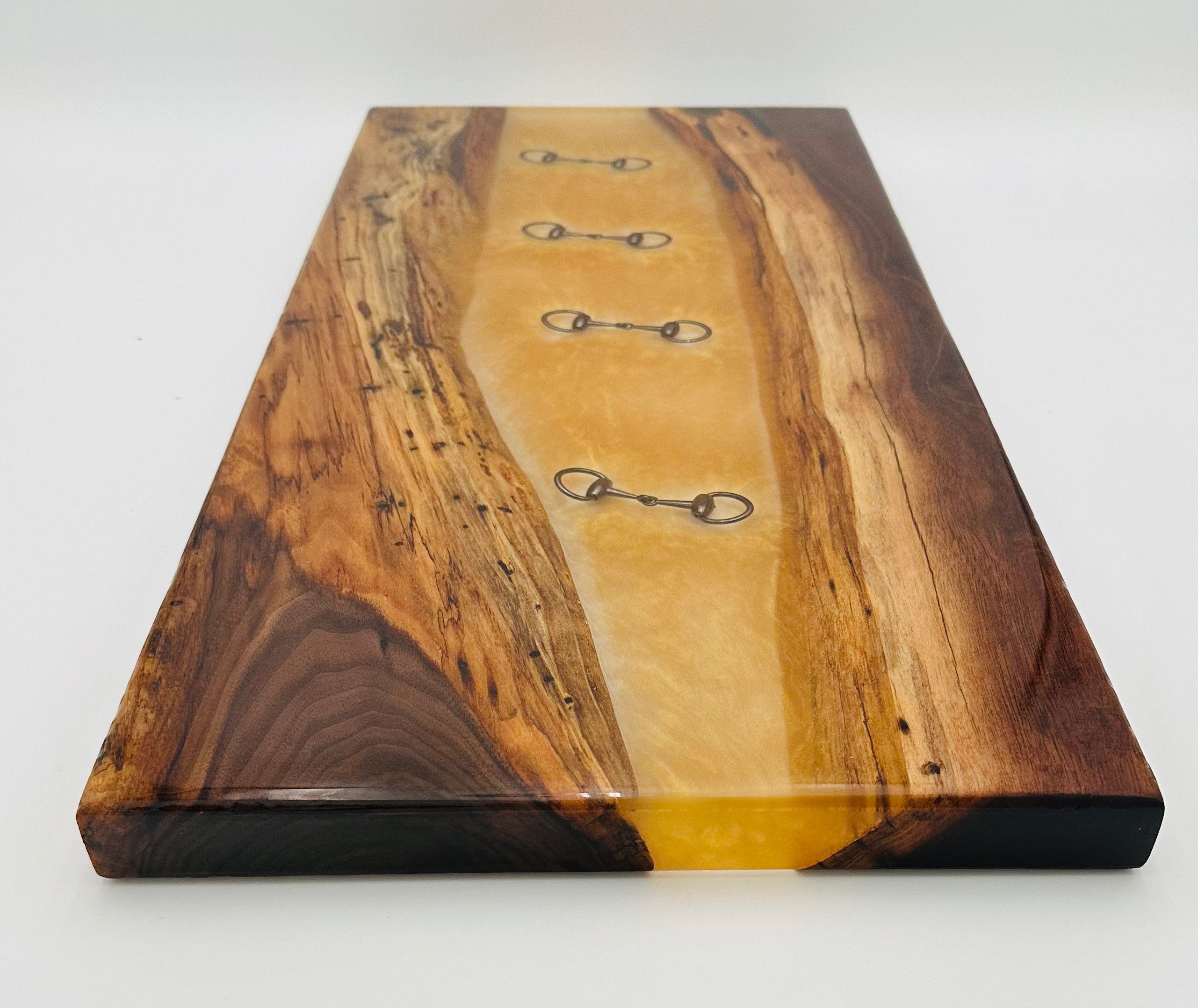 Black Walnut Charcuterie Board with Clear and Gold Colored Resin, Inlaid  Black Bridle Bit