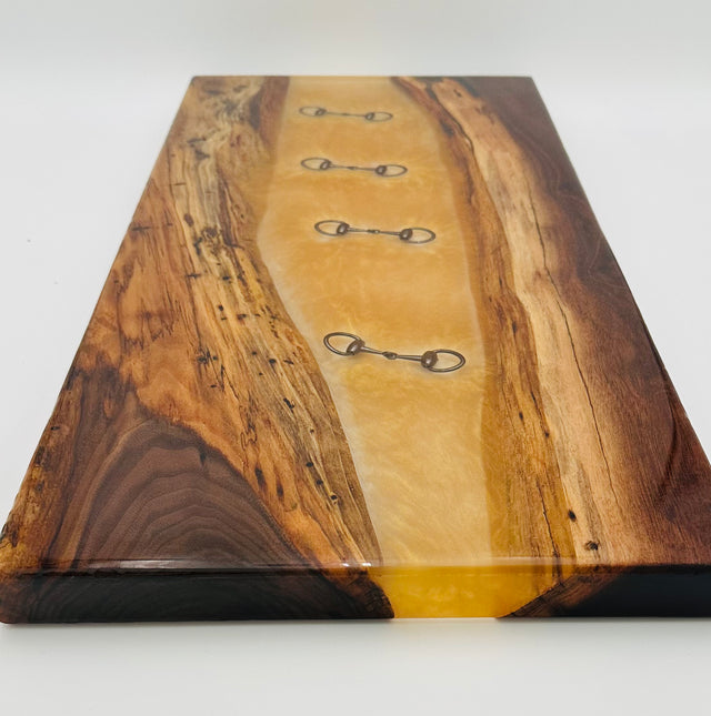 Black Walnut Charcuterie Board with Clear and Gold Colored Resin, Inlaid  Black Bridle Bit
