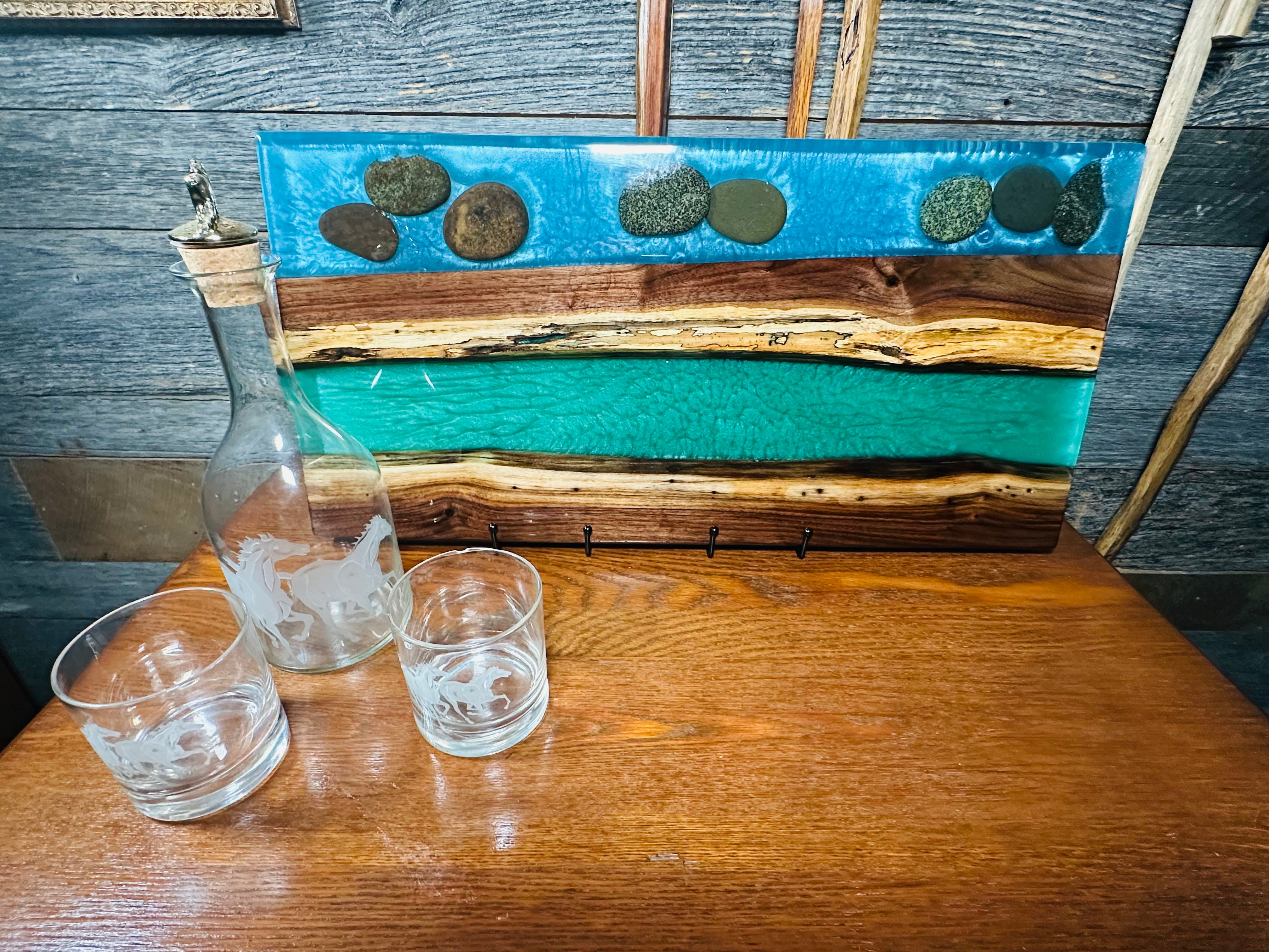 Handcrafted Black Walnut Charcuterie Board with Green and Blue Inlaid with Stones