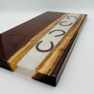 Handcrafted Black Walnut Charcuterie Board with Pearl Resin Inlay with Horseshoe