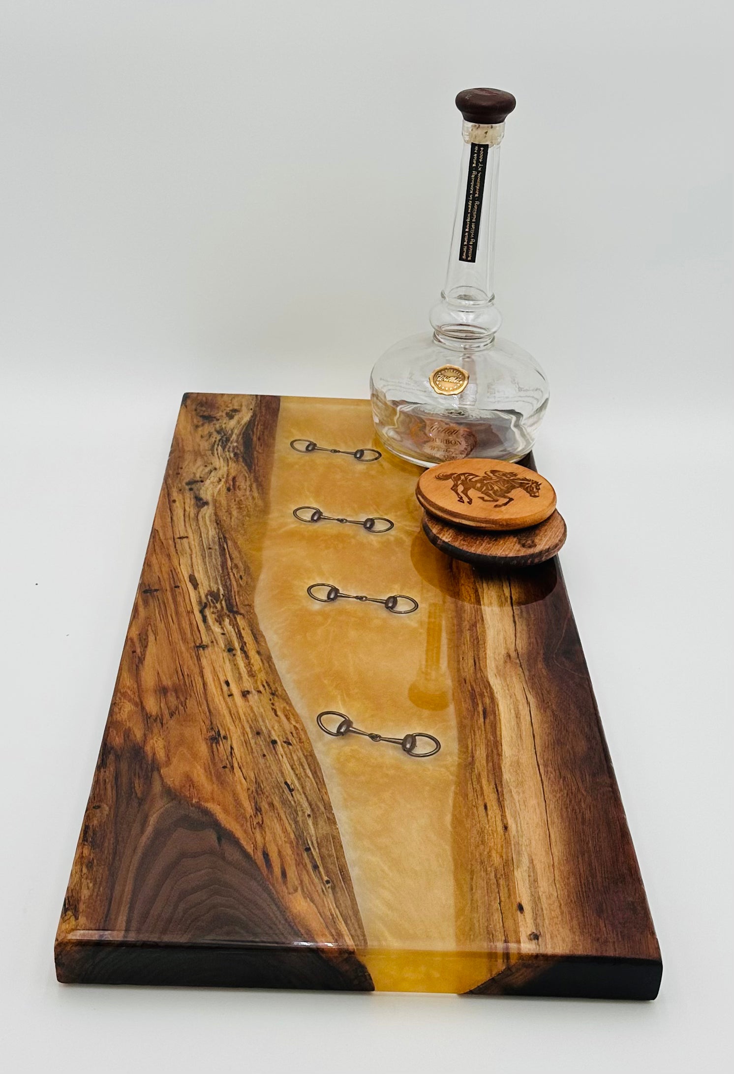 Black Walnut Charcuterie Board with Clear and Gold Colored Resin, Inlaid  Black Bridle Bit