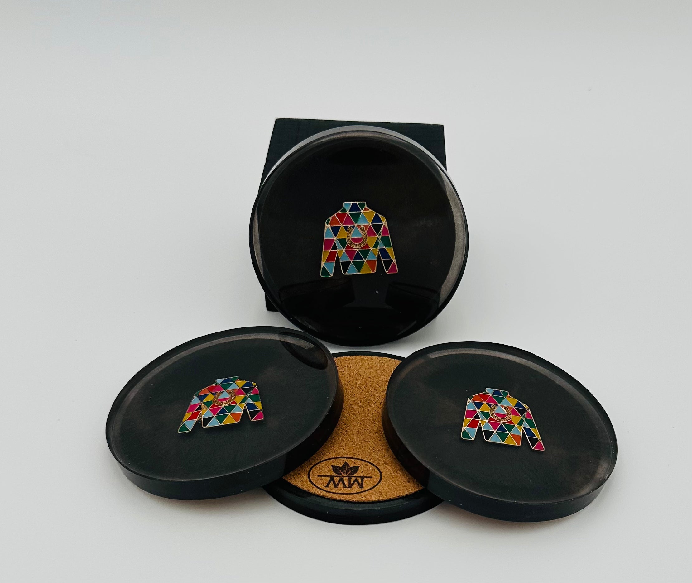 Handcrafted  Black Resin Coasters with Jockey Silk inlay, Set of Four