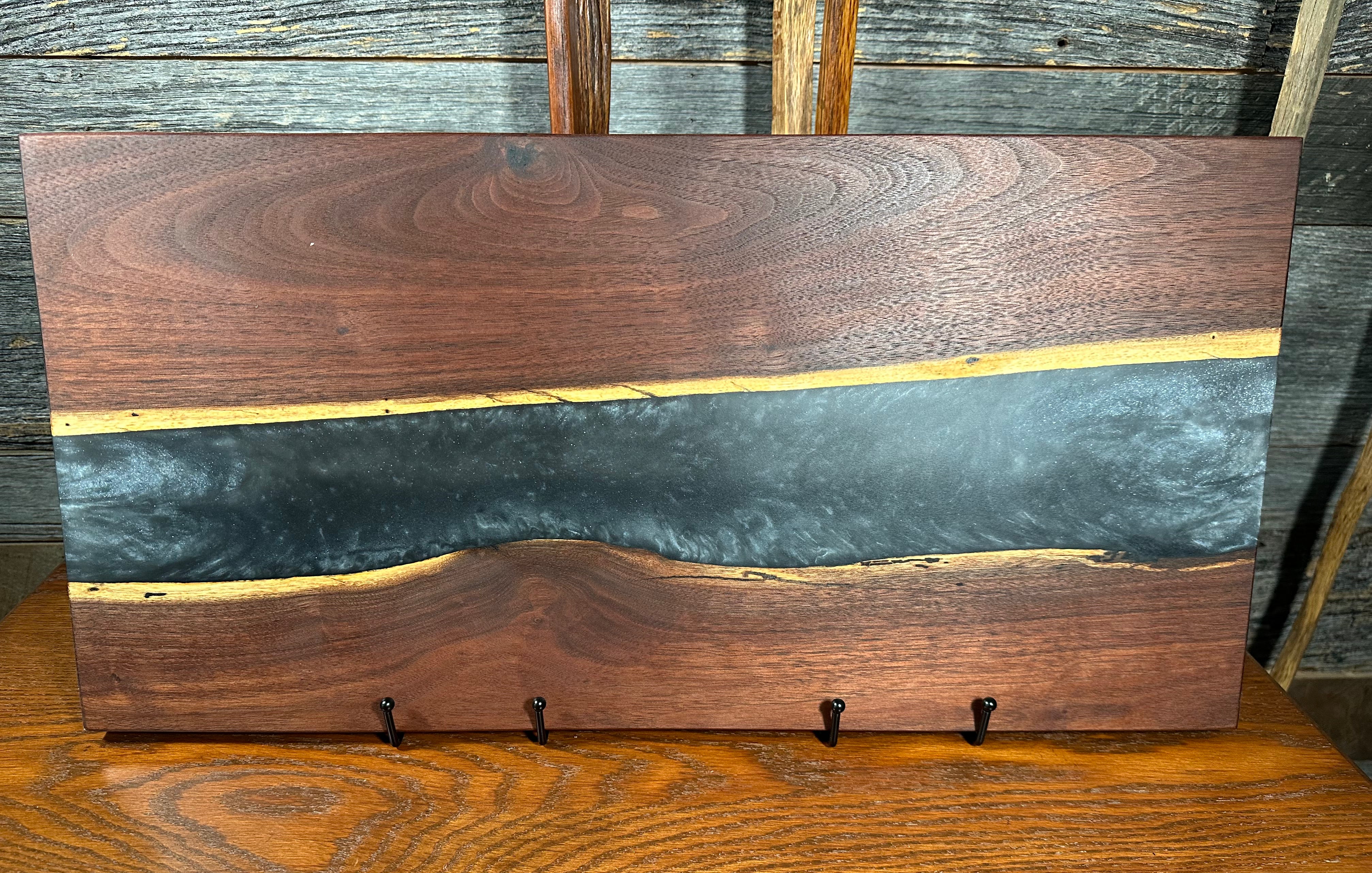 Handcrafted Black Walnut Charcuterie Board with Black and Silver Resin Center with Feet