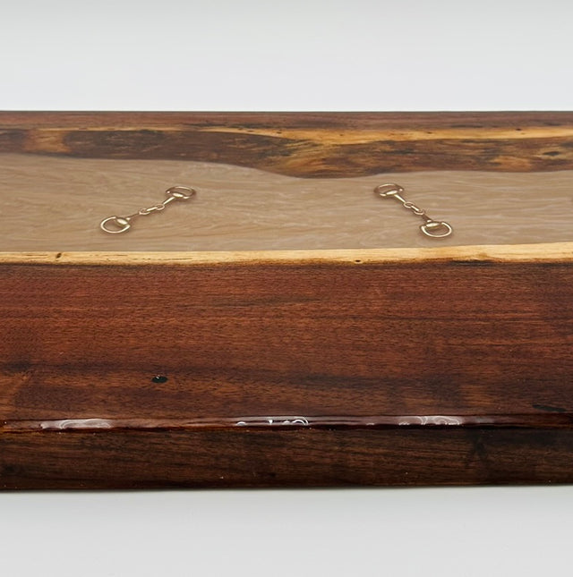 Handcrafted Black Walnut Charcuterie Board with Bronze Resin & Gold Bridle Bit Inlay: Equestrian Elegance Meets Culinary Artistry