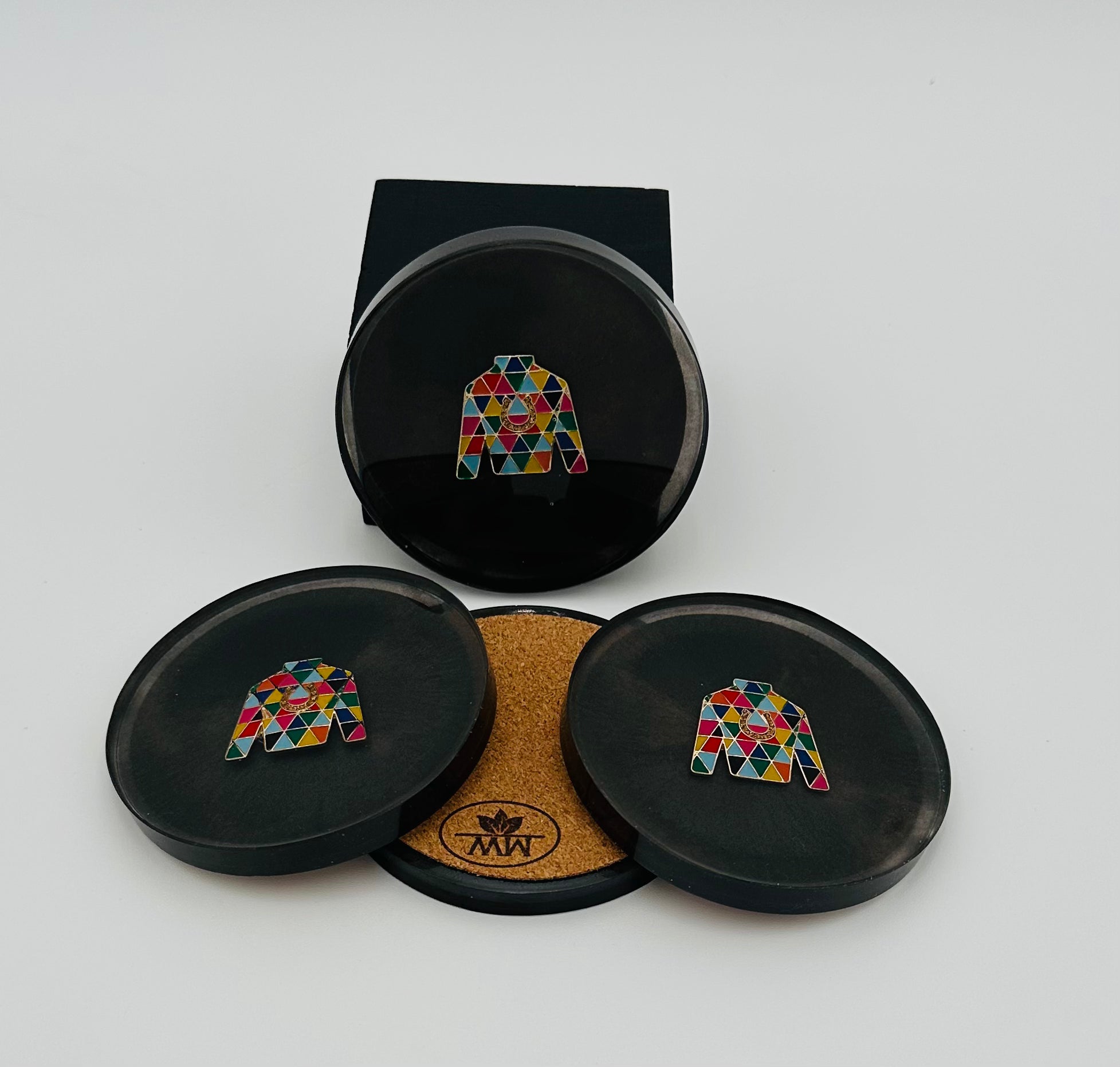 Handcrafted  Black Resin Coasters with Jockey Silk inlay, Set of Four