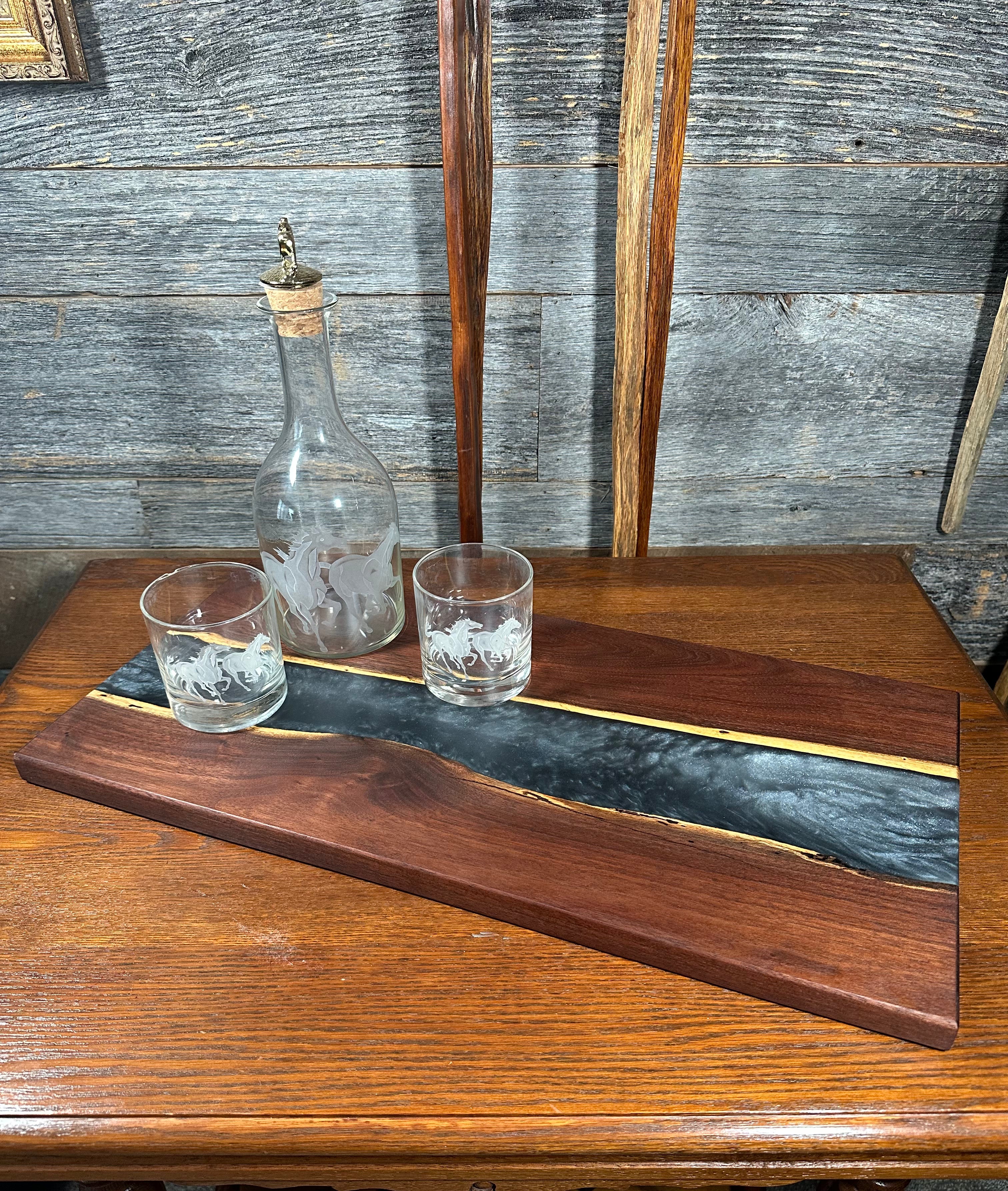 Handcrafted Black Walnut Charcuterie Board with Black and Silver Resin Center with Feet