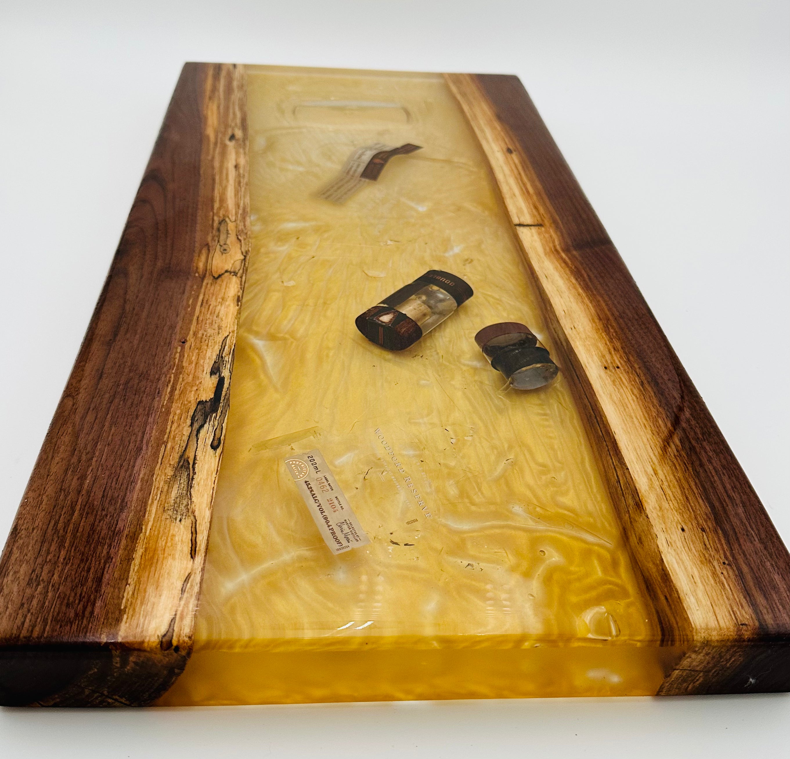 Black Walnut Charcuterie Board with Bourbon-Colored Resin & Broken Woodford Bottle