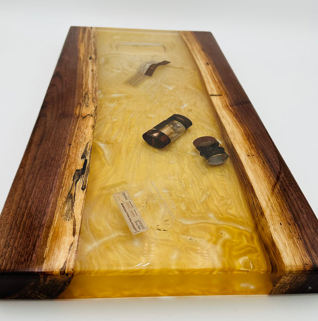 Black Walnut Charcuterie Board with Bourbon-Colored Resin & Broken Woodford Bottle