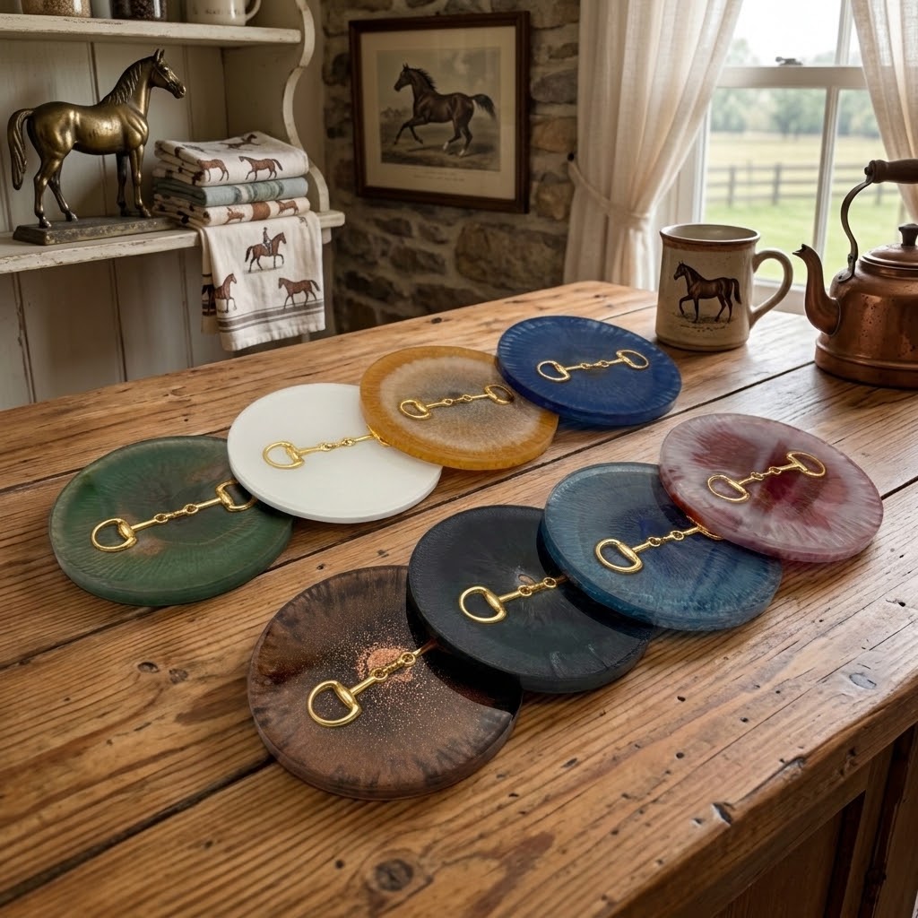 Handcrafted Round Resin Coasters with Bridle Bit (Snaffle Bite) inlay – Set of 4
