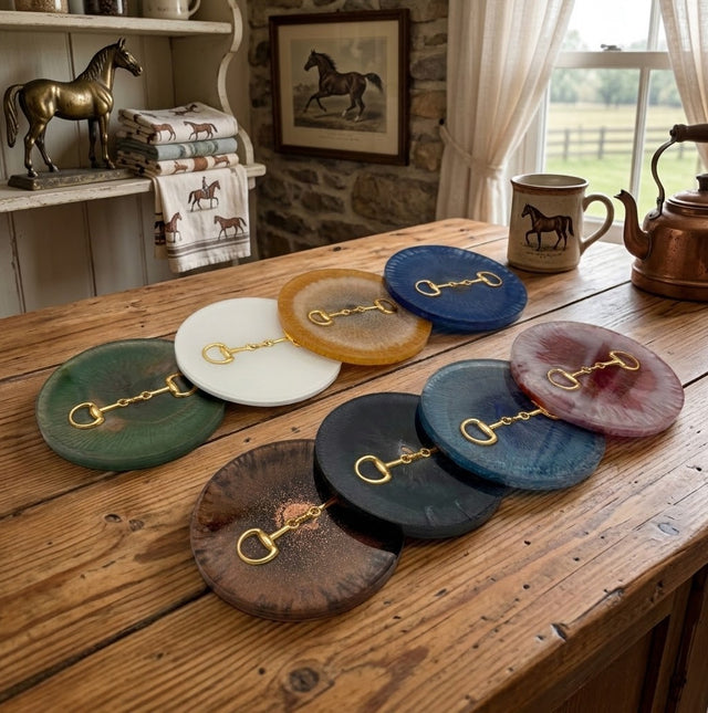 Handcrafted Round Resin Coasters with Bridle Bit (Snaffle Bite) inlay – Set of 4