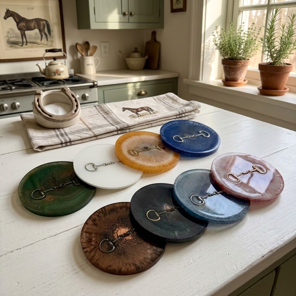 Handcrafted Round Resin Coasters with Bridle Bit (Snaffle Bite) inlay – Set of 4