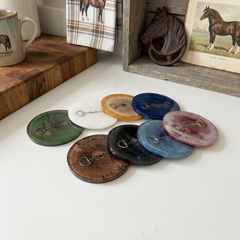 Handcrafted Round Resin Coasters with Bridle Bit (Snaffle Bite) inlay – Set of 4