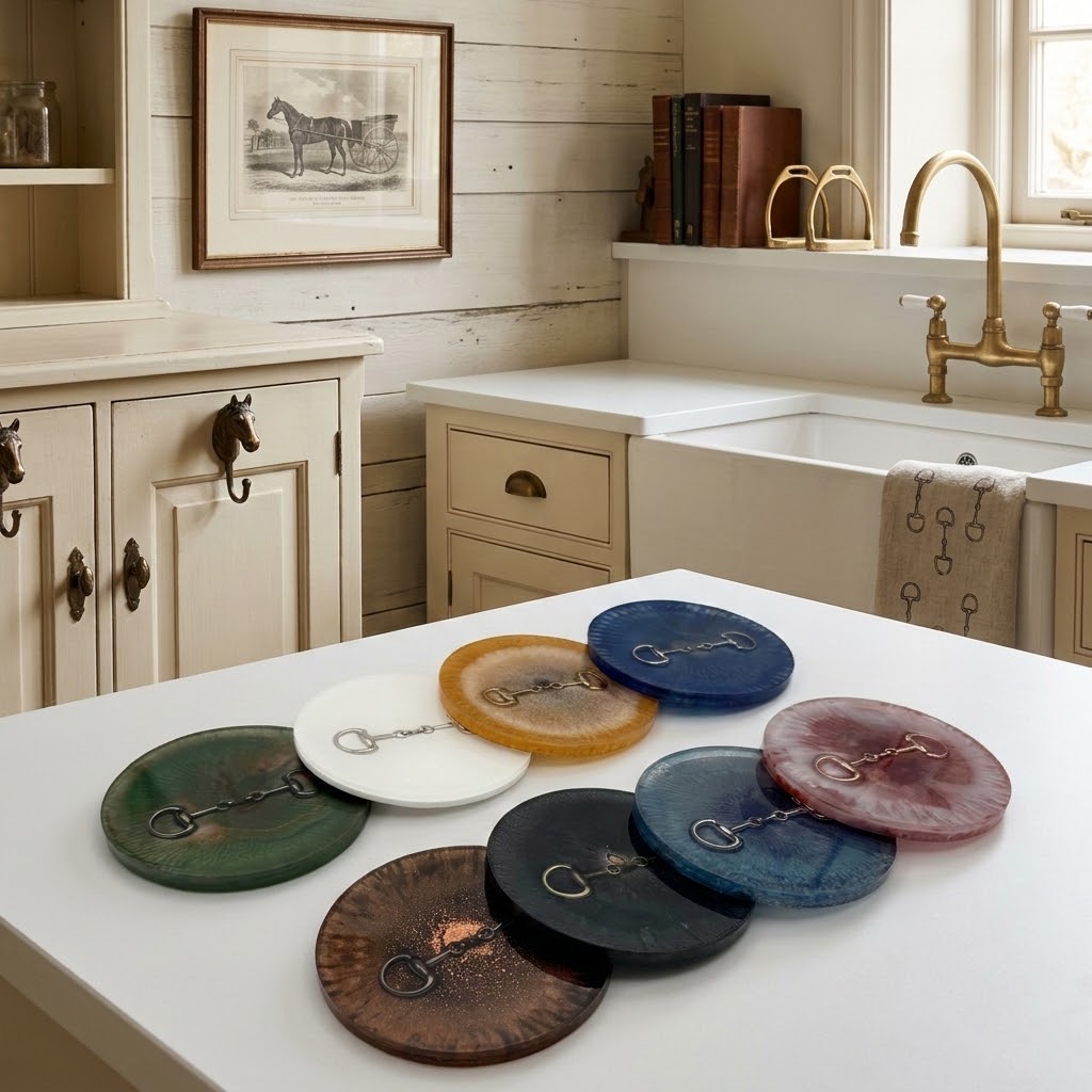Handcrafted Round Resin Coasters with Bridle Bit (Snaffle Bite) inlay – Set of 4