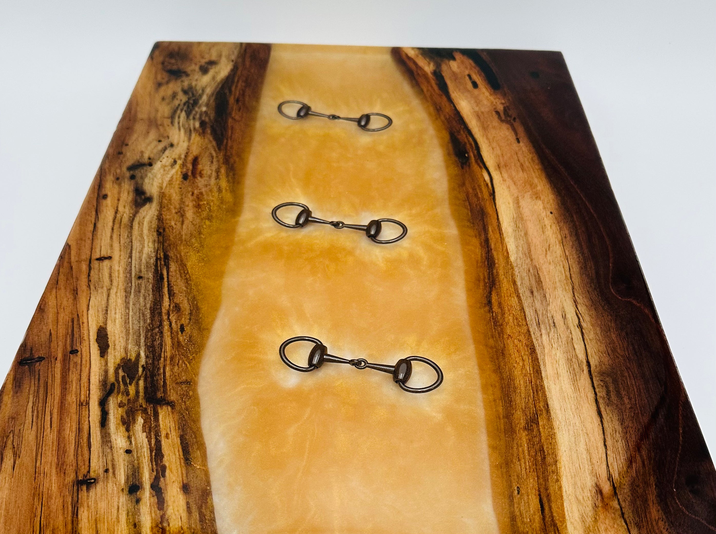 Black Walnut Charcuterie Board with Clear and Gold Colored Resin, Inlaid  Black Bridle Bit