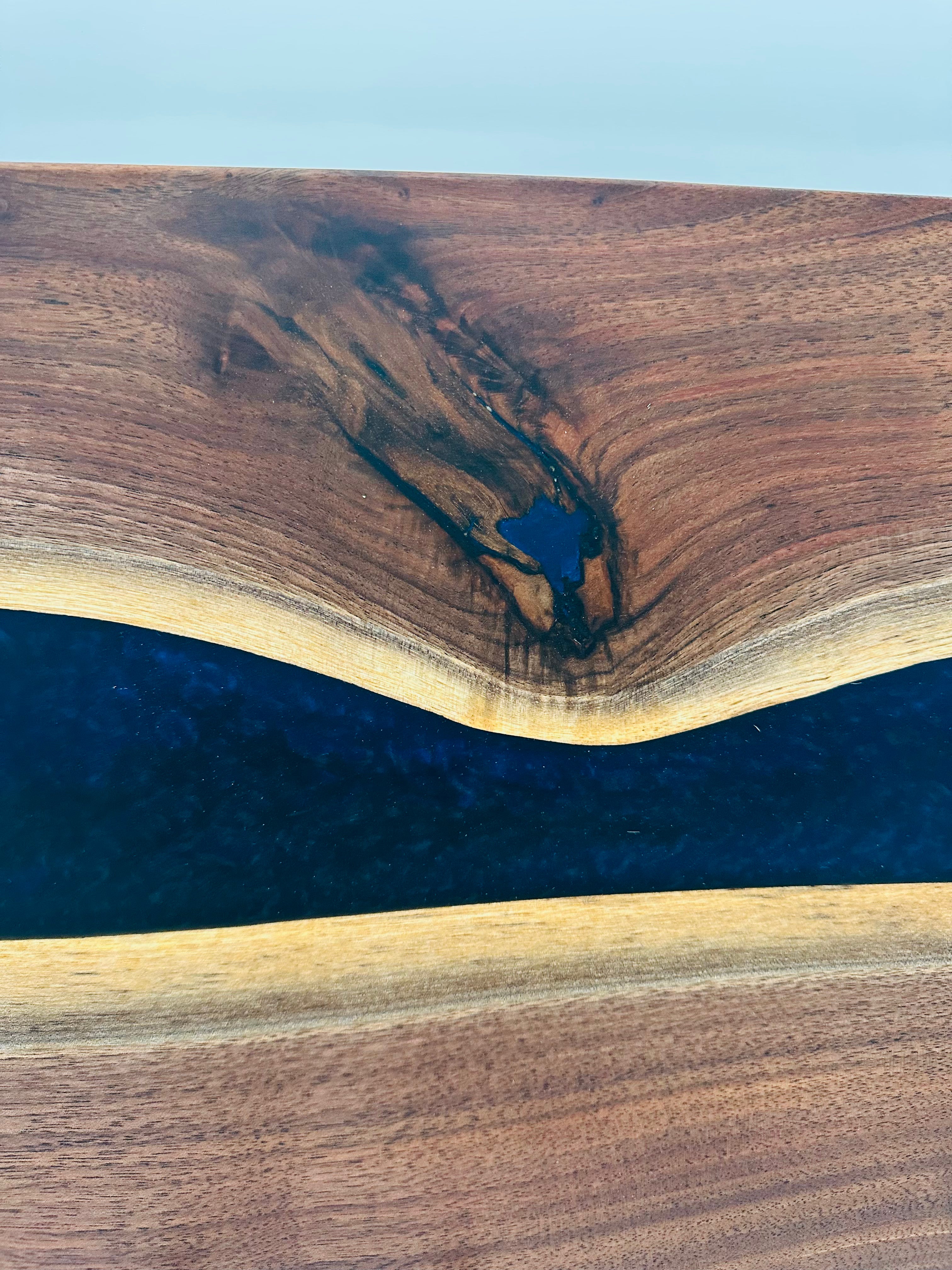Handcrafted Black Walnut Charcuterie Board with Dark Blue Resin Center with Feet