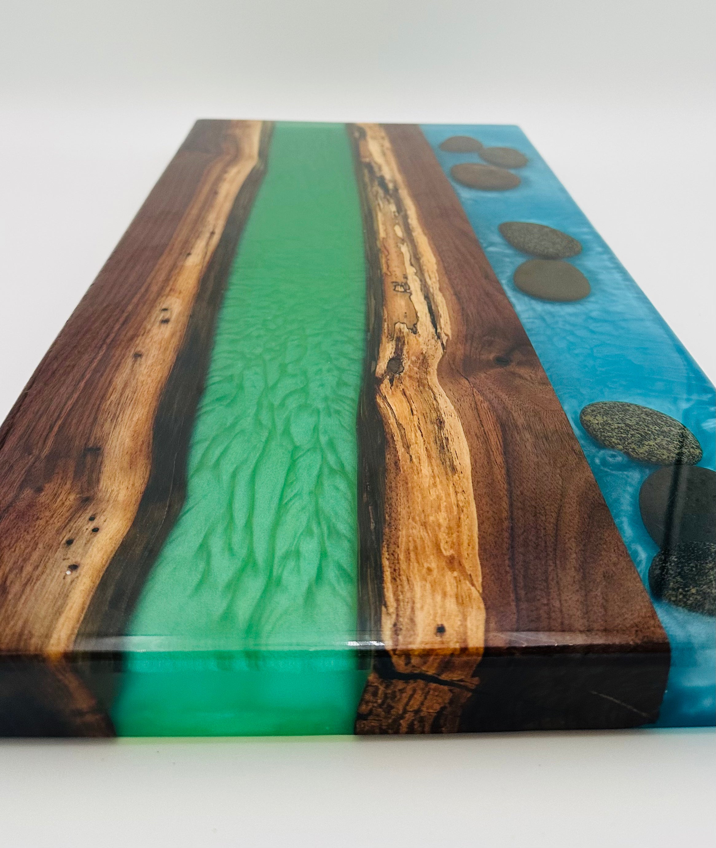 Handcrafted Black Walnut Charcuterie Board with Green and Blue Inlaid with Stones