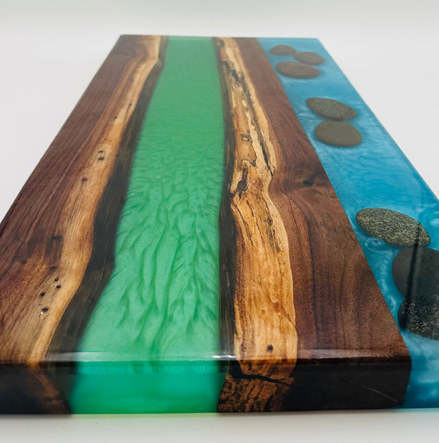 Handcrafted Black Walnut Charcuterie Board with Green and Blue Inlaid with Stones