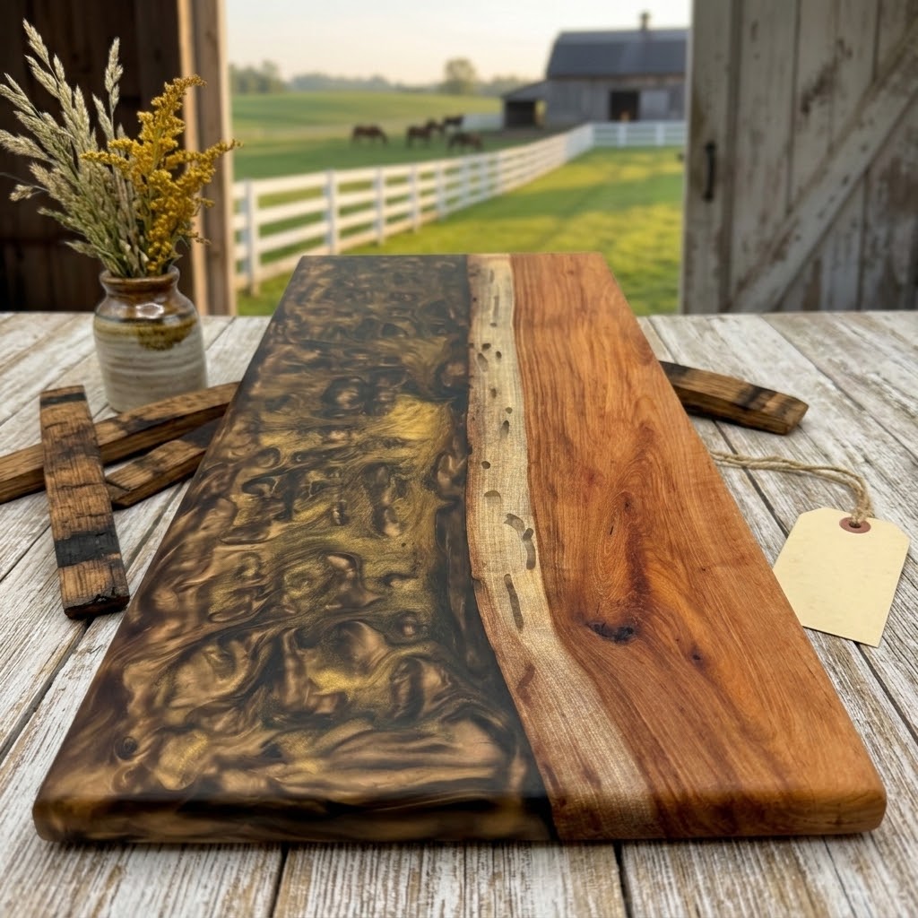 Handcrafted Live Edge Black Walnut Metallic Resin River Serving Board