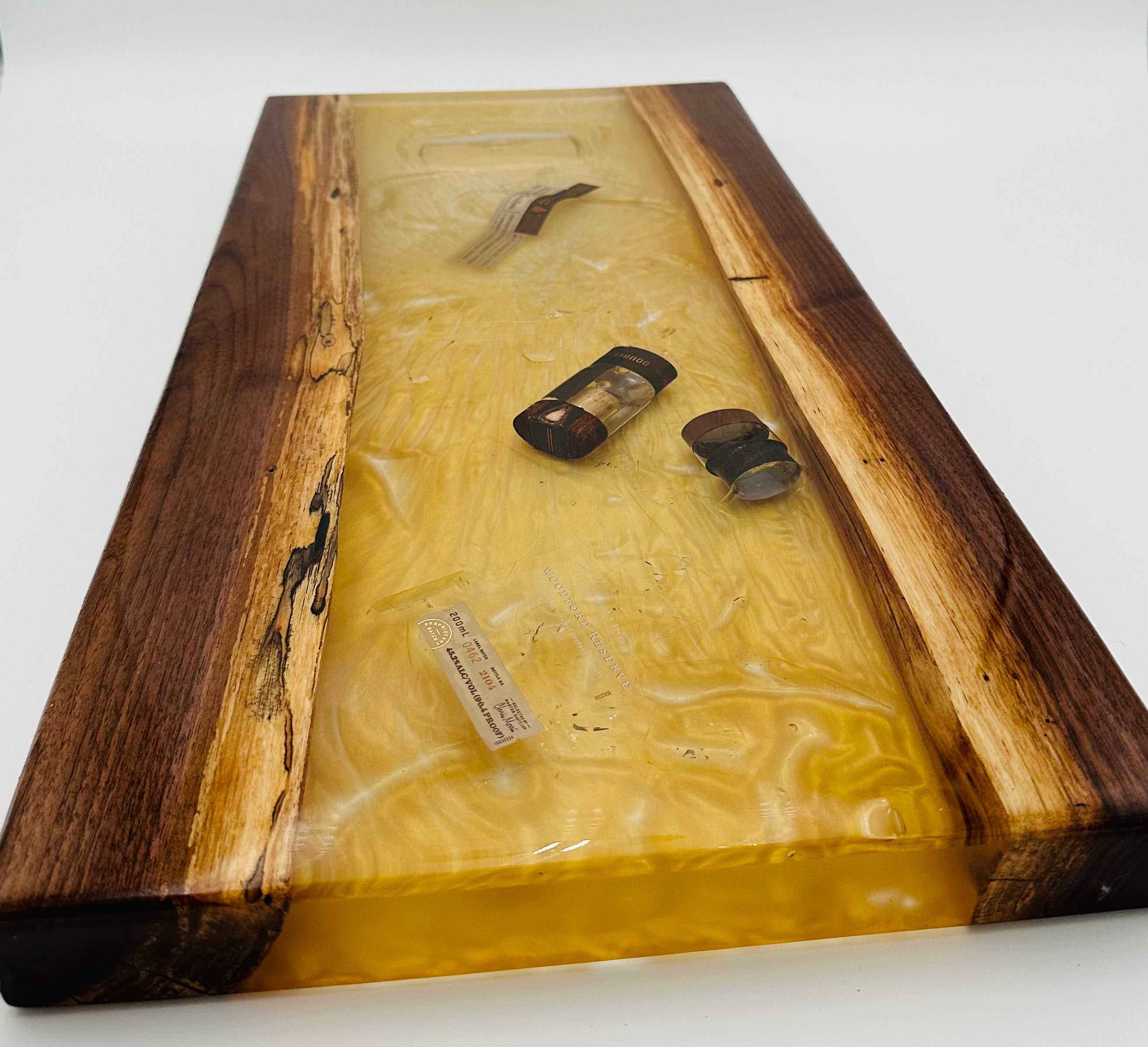 Black Walnut Charcuterie Board with Bourbon-Colored Resin & Broken Woodford Bottle