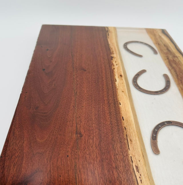 Handcrafted Black Walnut Charcuterie Board with Pearl Resin Inlay with Horseshoe