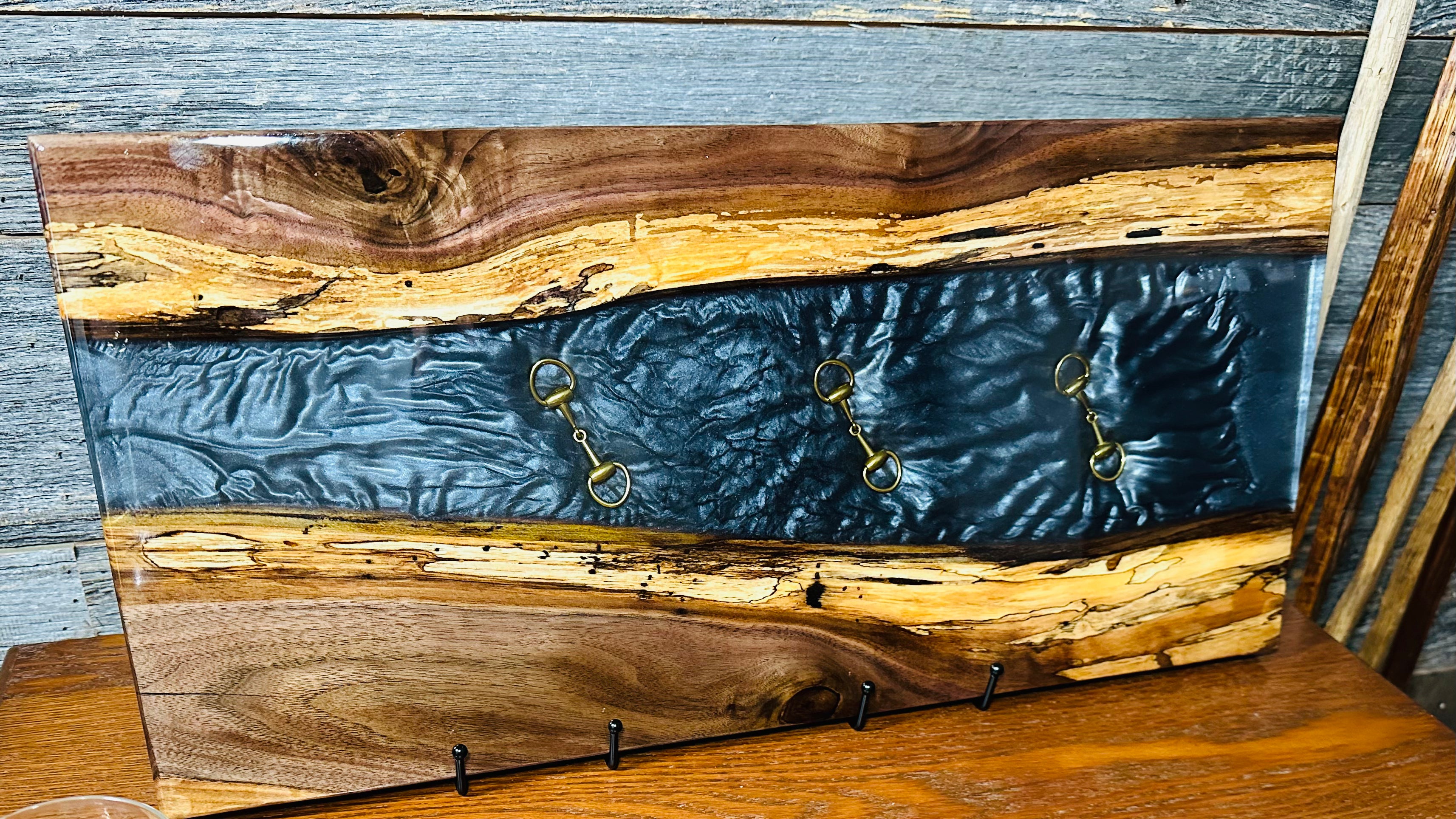 Handcrafted Black Walnut Charcuterie Board with Black Resin Inlaid with Gold Bridle Bit