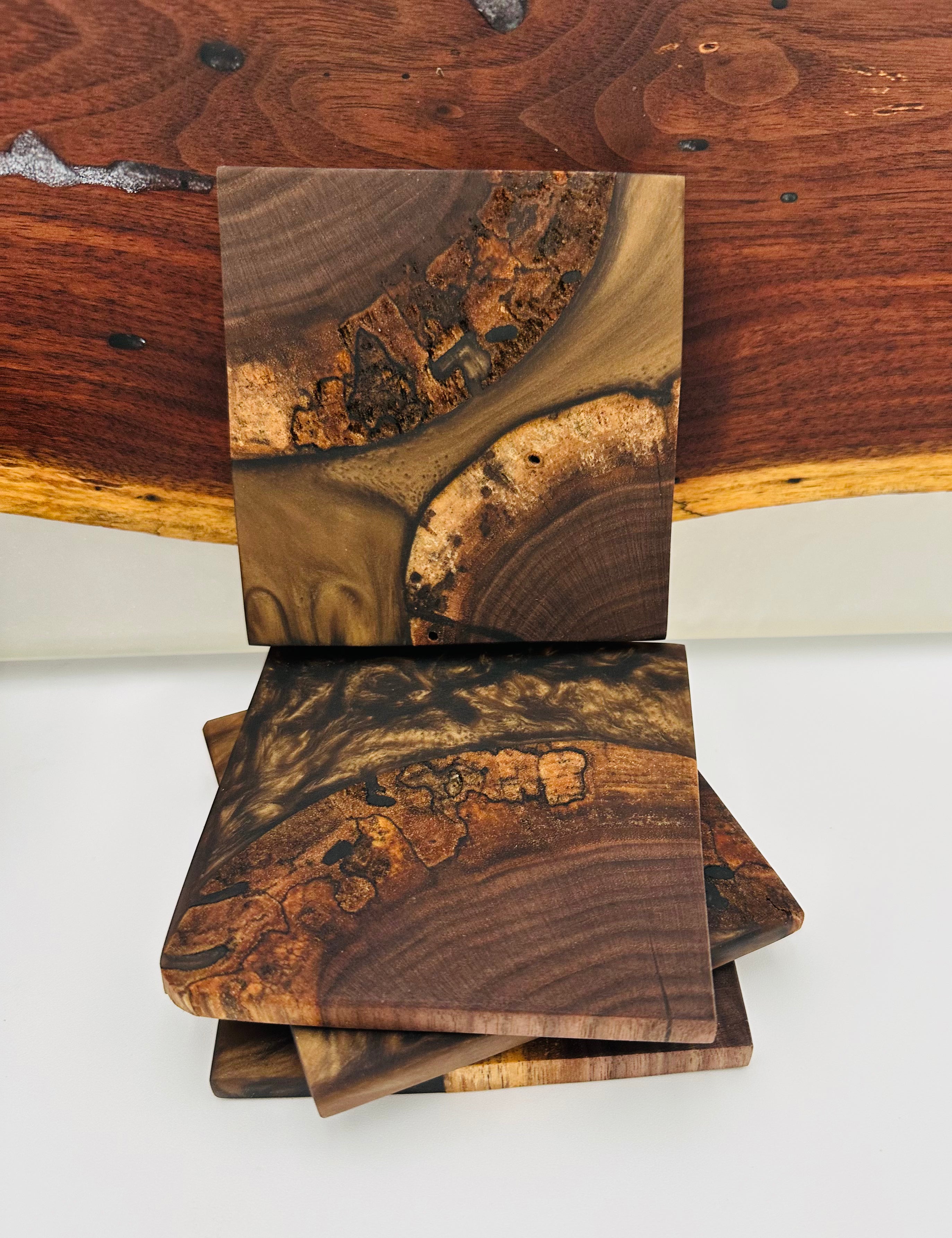 End Grain & Blue Resin Coasters - Rustic Modern Set of 4