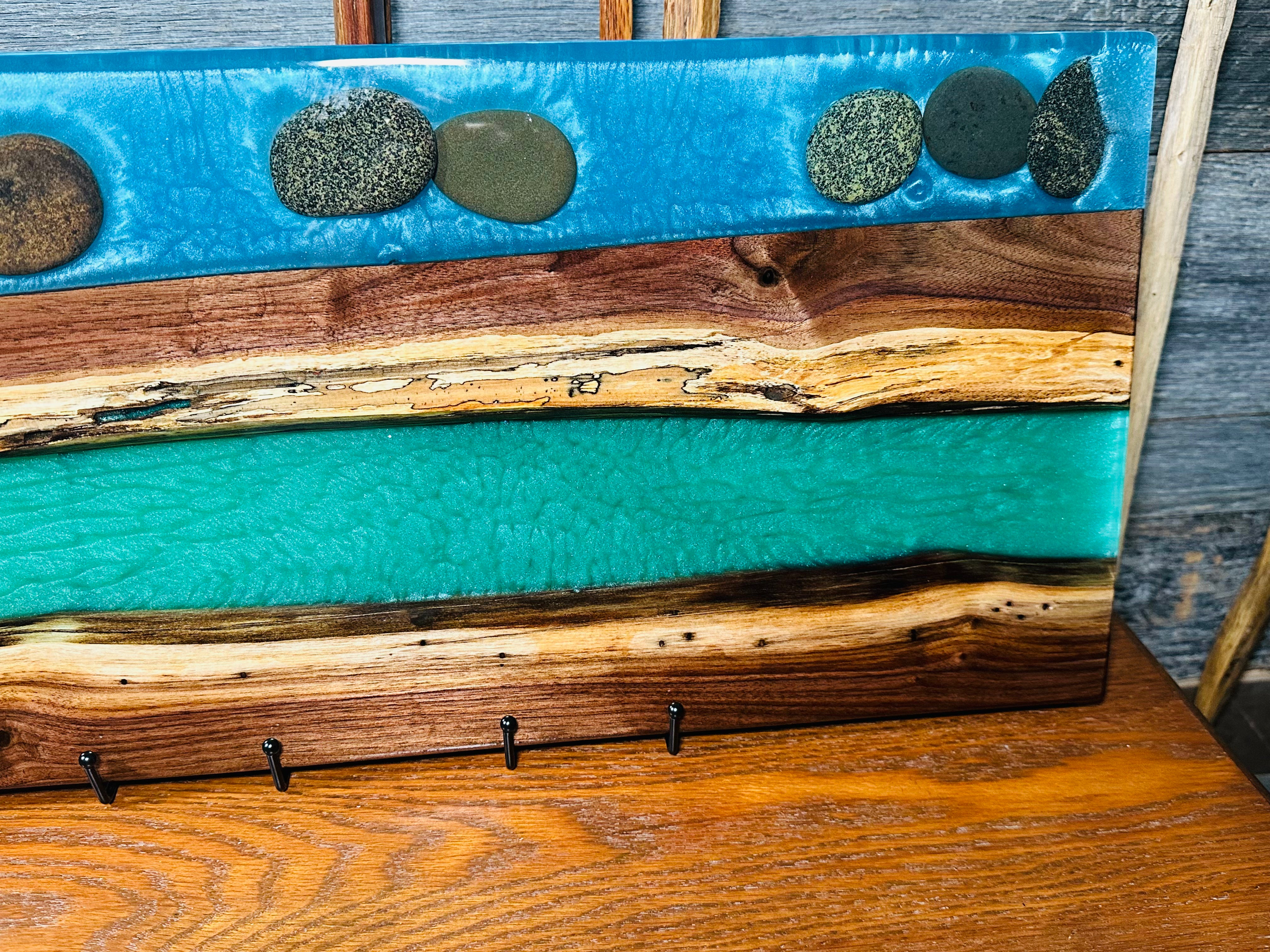 Handcrafted Black Walnut Charcuterie Board with Green and Blue Inlaid with Stones