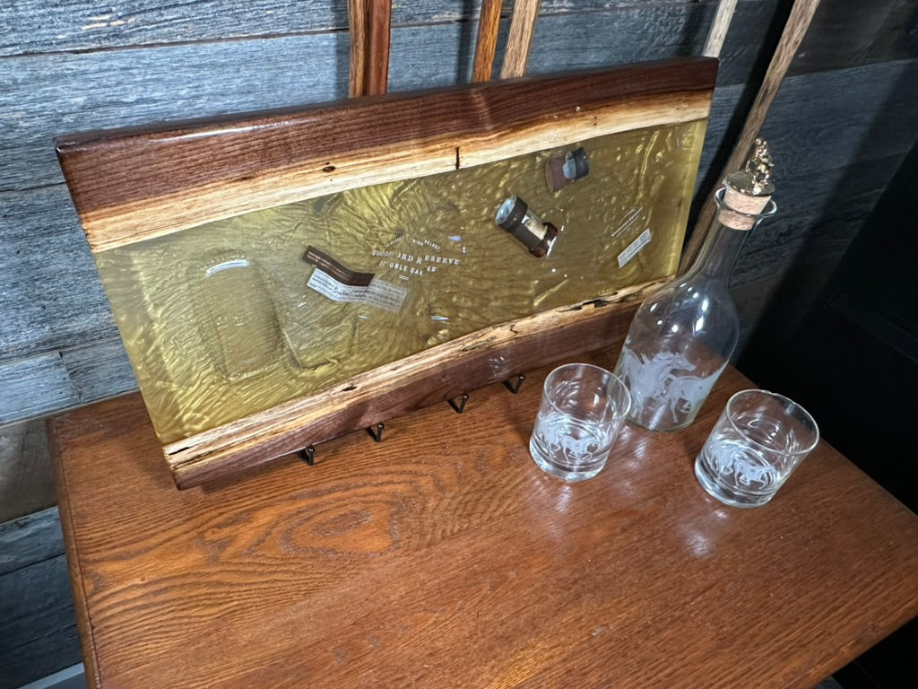 Black Walnut Charcuterie Board with Bourbon-Colored Resin & Broken Woodford Bottle