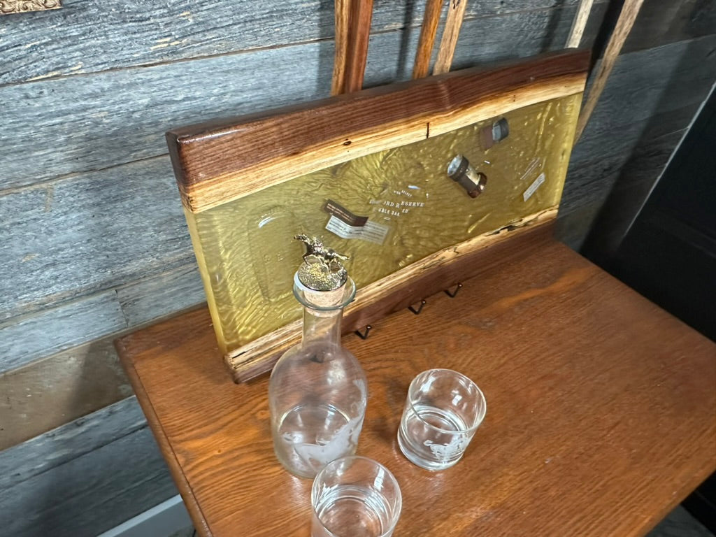 Black Walnut Charcuterie Board with Bourbon-Colored Resin & Broken Woodford Bottle