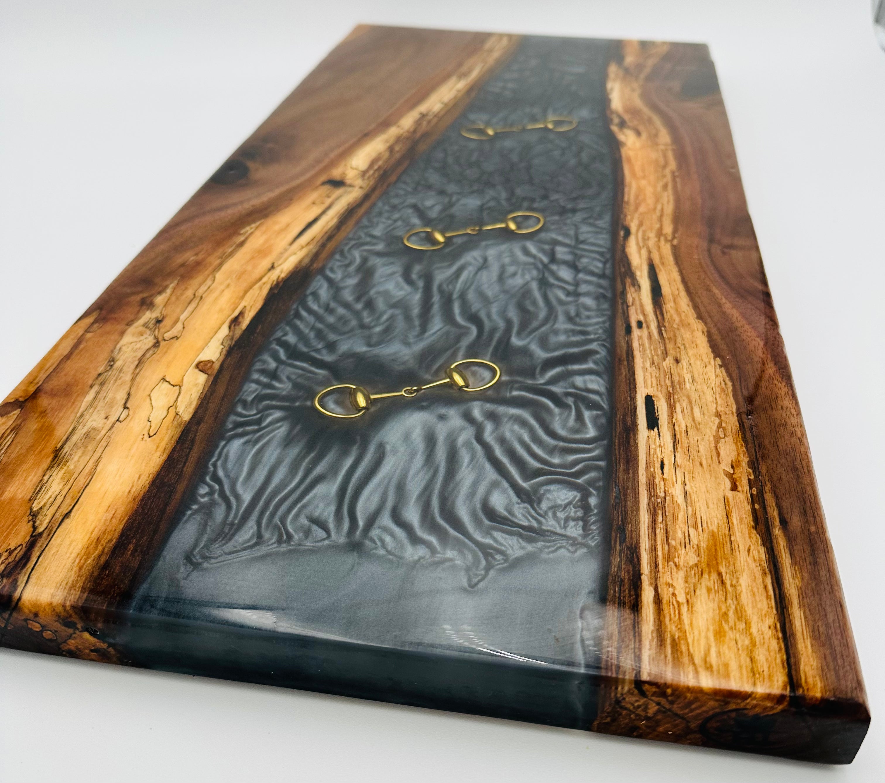 Handcrafted Black Walnut Charcuterie Board with Black Resin Inlaid with Gold Bridle Bit