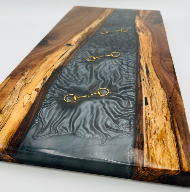 Handcrafted Black Walnut Charcuterie Board with Black Resin Inlaid with Gold Bridle Bit
