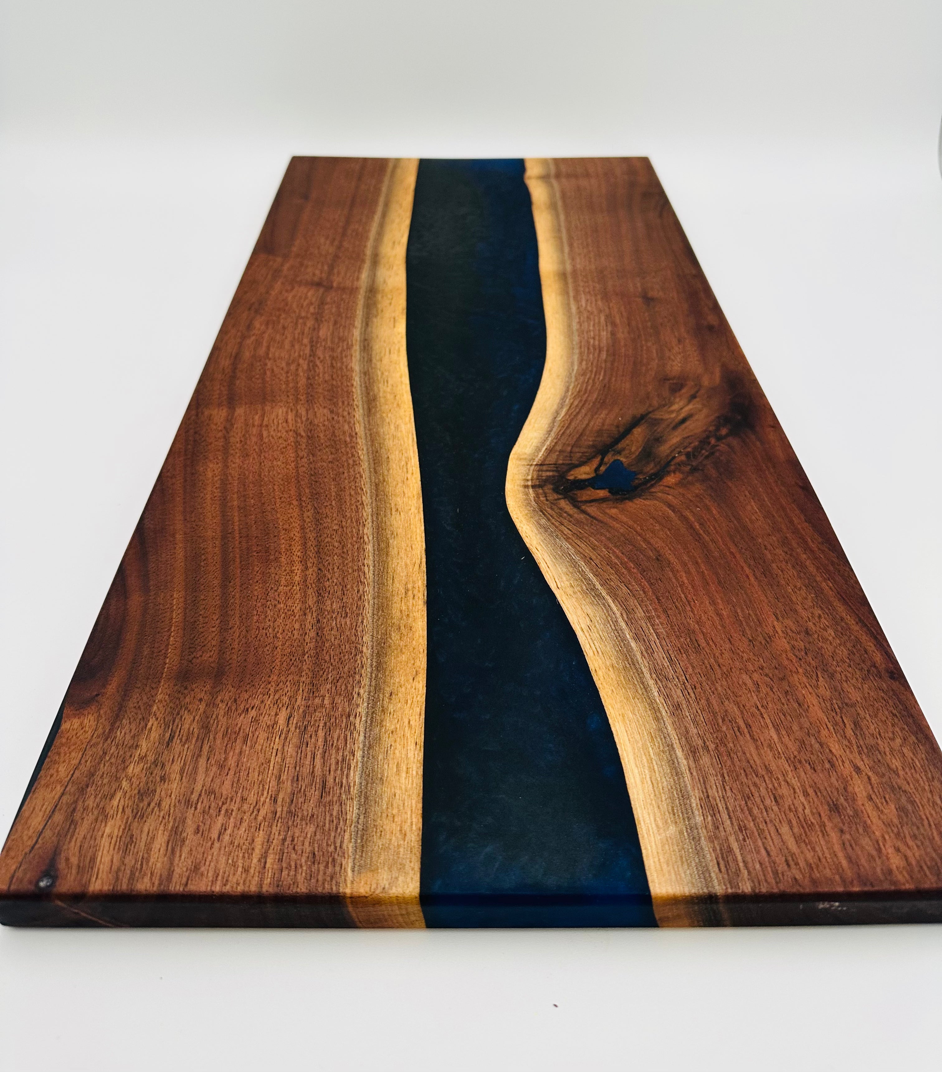 Handcrafted Black Walnut Charcuterie Board with Dark Blue Resin Center with Feet