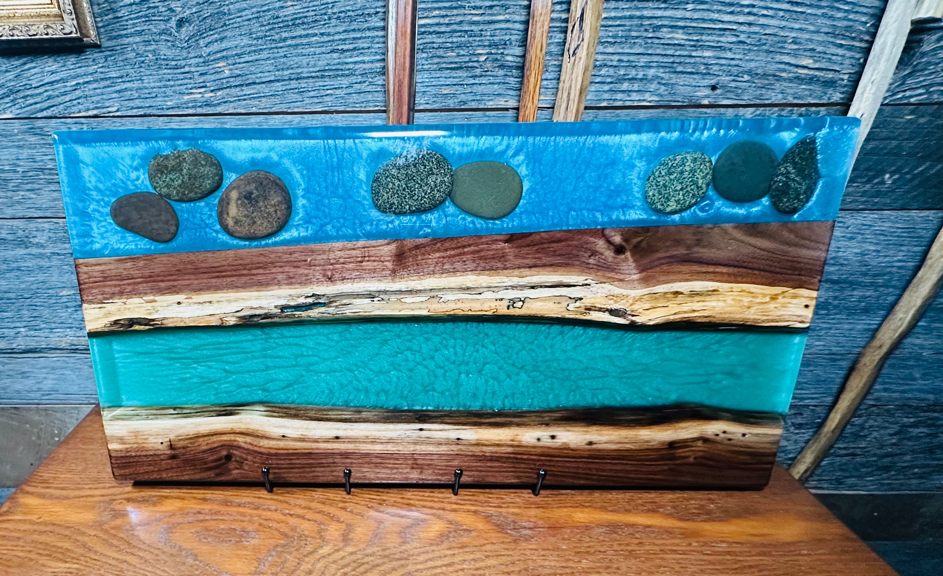 Handcrafted Black Walnut Charcuterie Board with Green and Blue Inlaid with Stones