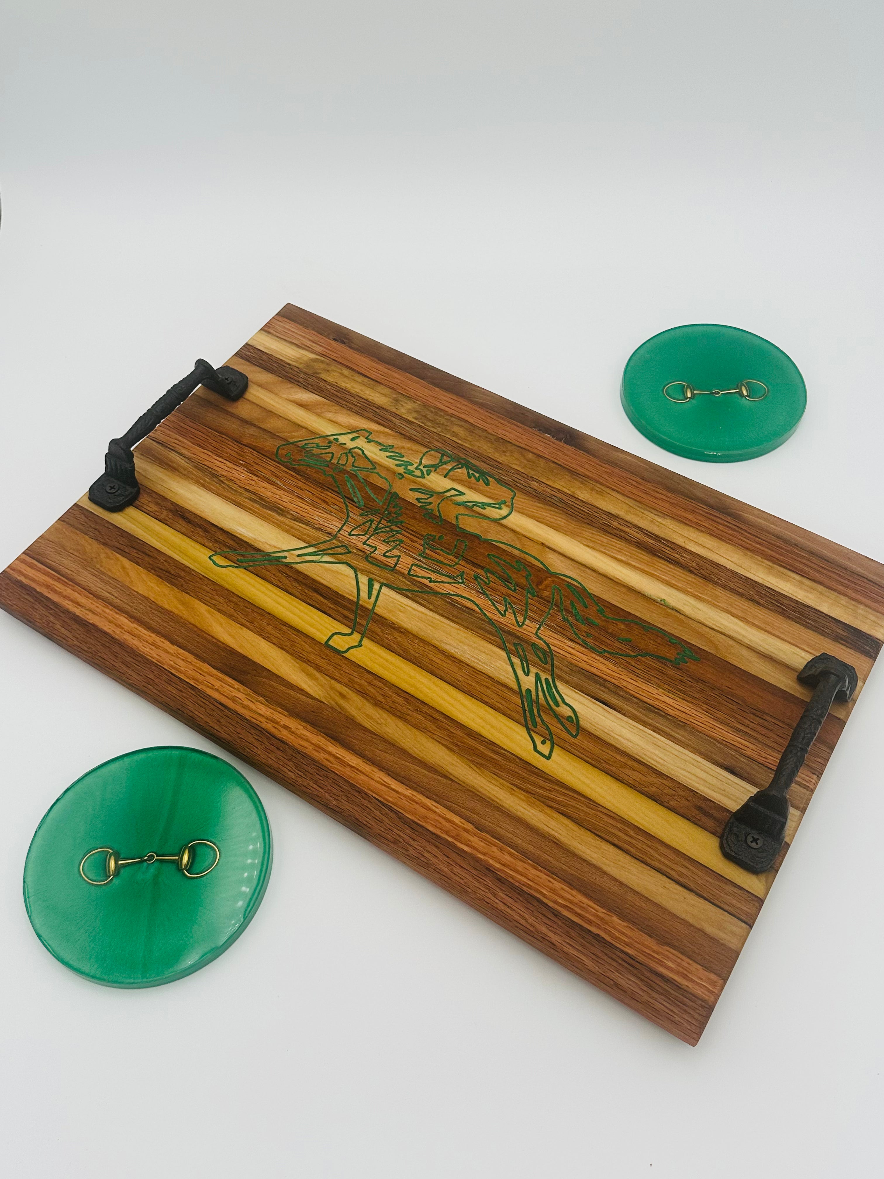 Handcrafted Tobacco Stick Tray with Inlaid Racehorse and Jockey Design