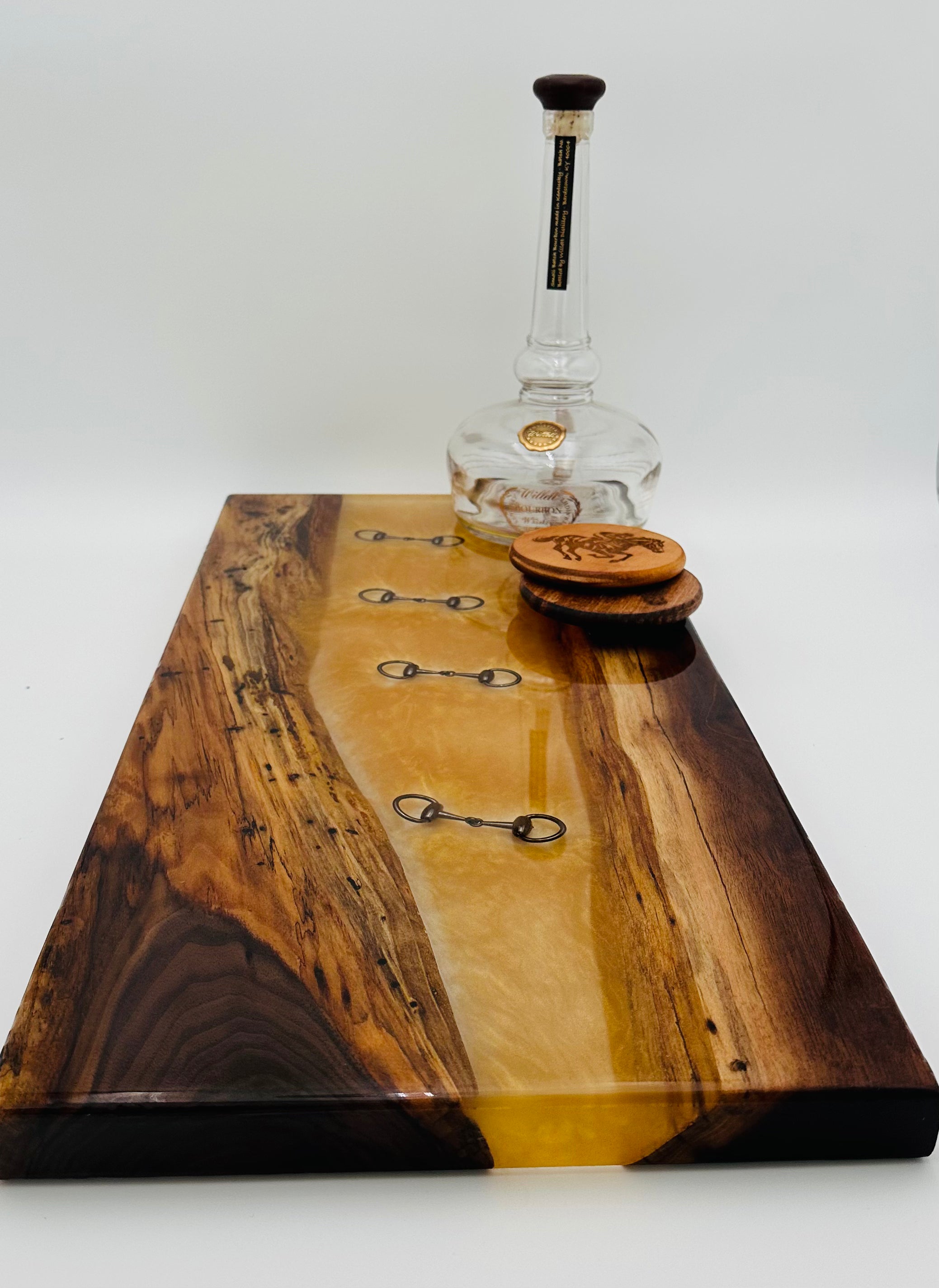 Black Walnut Charcuterie Board with Clear and Gold Colored Resin, Inlaid  Black Bridle Bit