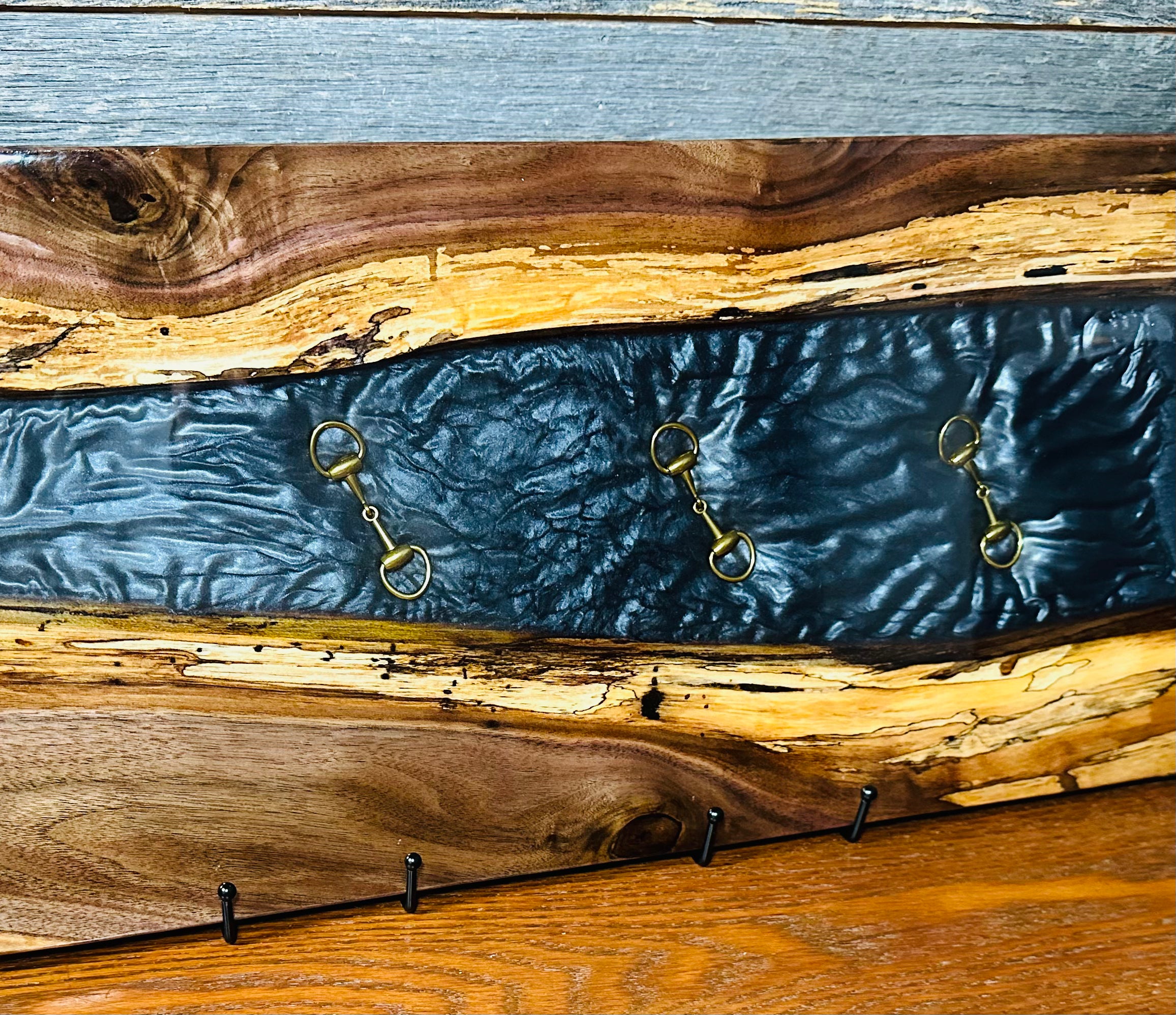 Handcrafted Black Walnut Charcuterie Board with Black Resin Inlaid with Gold Bridle Bit