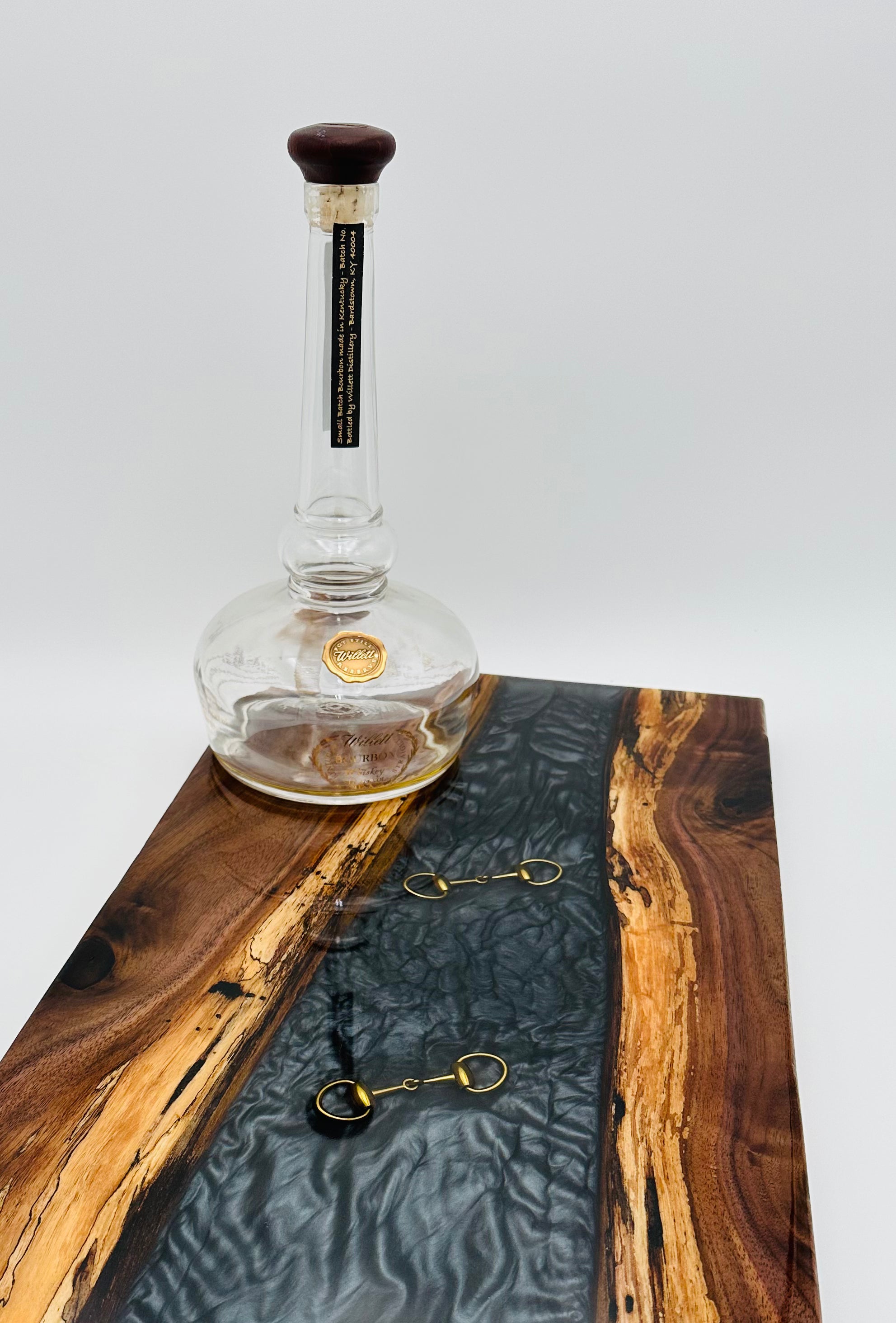 Handcrafted Black Walnut Charcuterie Board with Black Resin Inlaid with Gold Bridle Bit