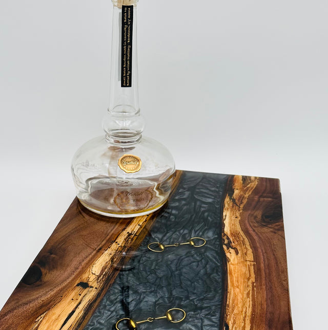 Handcrafted Black Walnut Charcuterie Board with Black Resin Inlaid with Gold Bridle Bit